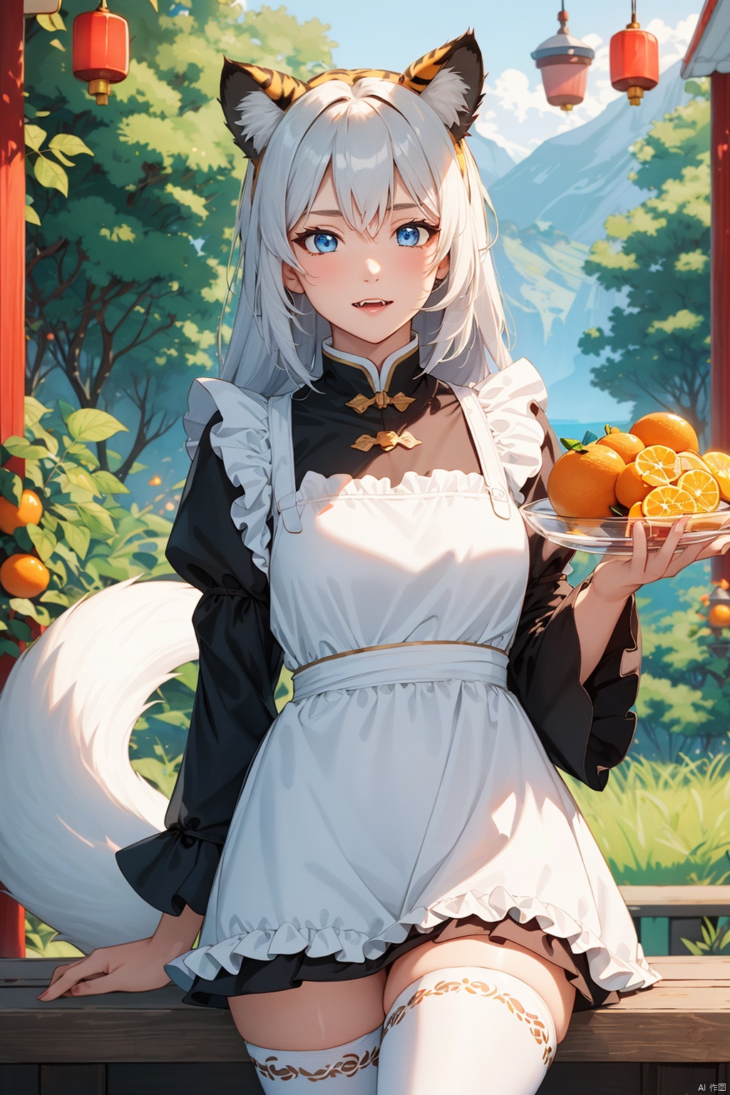  1girl, solo, looking_at_viewer, sad, skirt, thighhighs, long_sleeves, dress, animal_ears, blue_eyes, tail, full_body, long white with silver hair, multicolored_hair, food, fang, wide_sleeves, apron, fox_ear_fluff, bell, fangs, frilled_dress, frilled_sleeves,single_thighhigh, white_apron, frilled_apron, new_year, brown_skirt, brown_dress, claw_pose, tiger_ears, chinese_zodiac, tiger_tail, orange_\(fruit\), tiger, mandarin_orange, 2022, egasumi, tiger_girl, year_of_the_tiger, white_tiger,(masterpiece), (best quality), ((ultra-detailed)), A Pixar 3D showcasing coexisting harmoniously amid lush greenery, (crystal glowin on hand), eyesseye,good hands