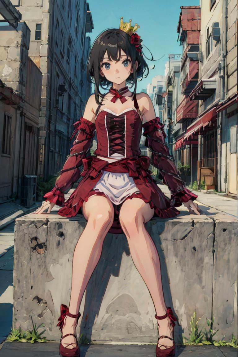 1girl,solo,panorama,chain,bow tie,crown,flower,detached sleeves,(red dress:1.6),puttee,dance shoes,<lora:RomeoAndCinderella:0.8>,RAC,long hair,black hair,(sitting:1.3),black eyes,(cityscape:1.4),, masterpiece,best quality,highres,ultra high res,(abstract art:1.2),2d,(highlydetailed),(colorful),(intenseexpression),(fashionable),