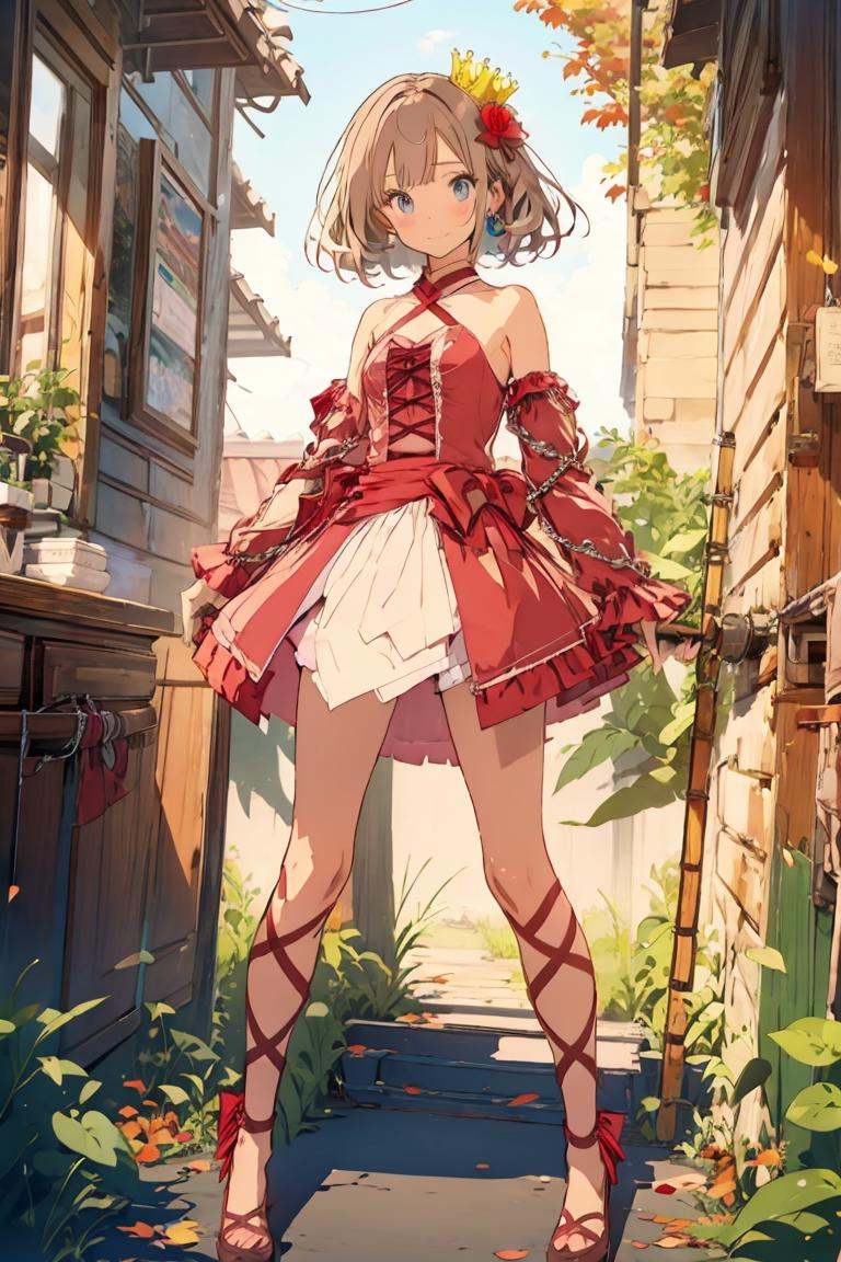 1girl,solo,chain,bow tie,crown,flower,detached sleeves,red dress,puttee,dance shoes,<lora:RomeoAndCinderella:0.8>,RAC,cowboy_shot,smile,(autumn maple forest:1.3),(very few fallen leaves),(path),grove,maple leaf,, masterpiece,best quality,highres,ultra high res,(abstract art:1.2),2d,(highlydetailed),(colorful),(intenseexpression),(fashionable),