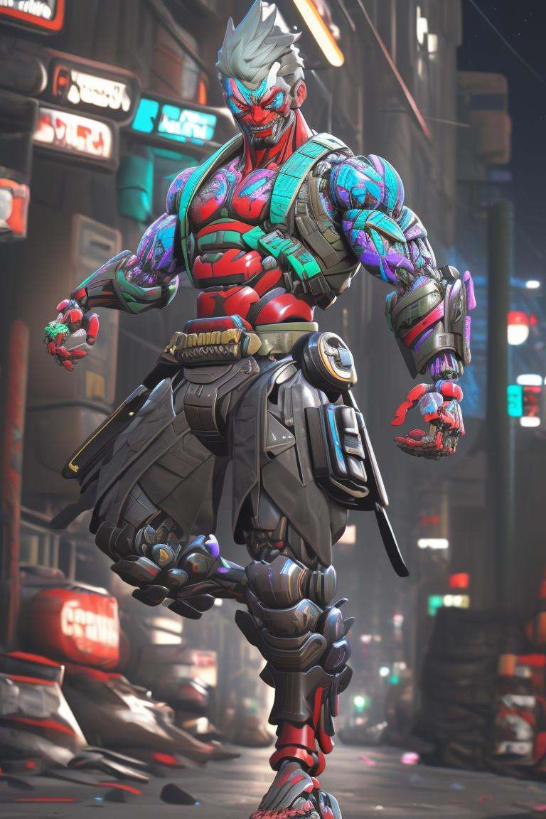 1boy,male focus,<lora:CyberGenji:1>,cybergenji,<lora:Cyberworld_20230622141420-000018>,Cyberworld,solo,cyborg,sandals,fangs,ninjamecha,mechanical arms,2d,street,neon lights,night,