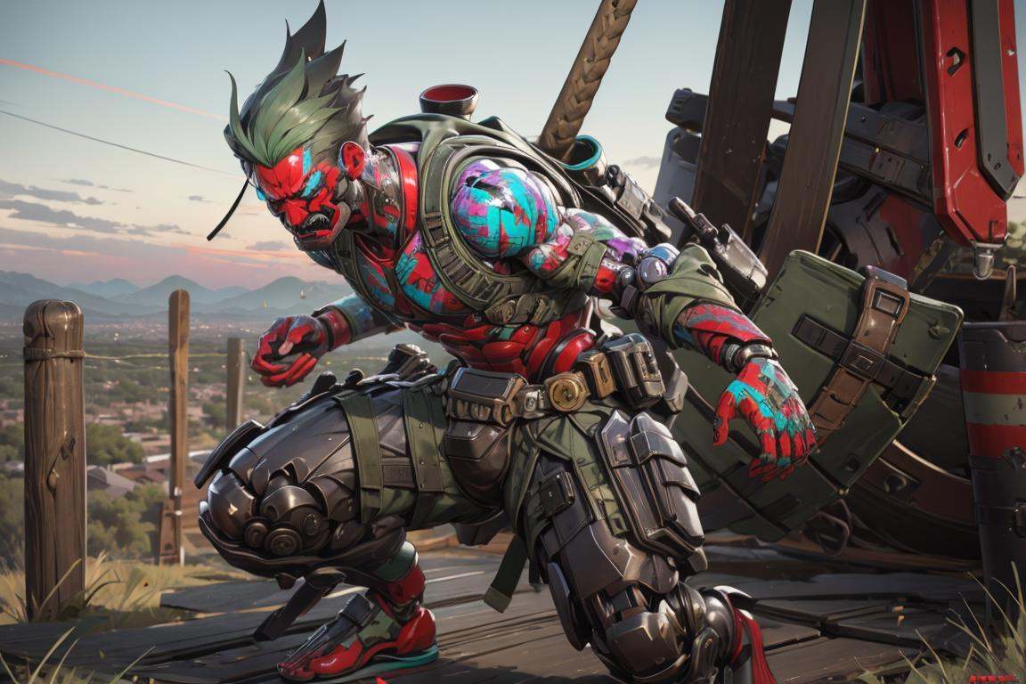 1boy,male focus,<lora:CyberGenji:1>,cybergenji,solo,cyborg,sandals,fangs,ninjamecha,mechanical arms,2d,glowing,glowing eyes,no human being,(thick limbs:1.3),mask,muscular,weapon on back,desert,sunset,full body,panorama,full_shot,, masterpiece,best quality,highres,ultra high res,(abstract art:1.2),2d,(highlydetailed),(colorful),(intenseexpression),(fashionable),