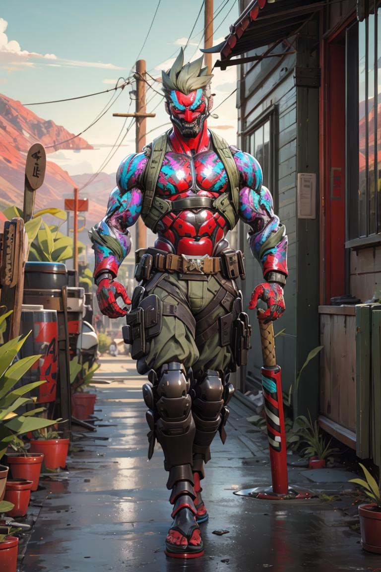 1boy,male focus,<lora:CyberGenji:1>,cybergenji,solo,cyborg,sandals,fangs,ninjamecha,mechanical arms,2d,glowing,glowing eyes,no human being,(thick limbs:1.3),mask,muscular,weapon on back,(desert:1.2),(sunset:1.2),full body,panorama,full_shot,(walking:1.4),, masterpiece,best quality,highres,ultra high res,(abstract art:1.2),2d,(highlydetailed),(colorful),(intenseexpression),(fashionable),