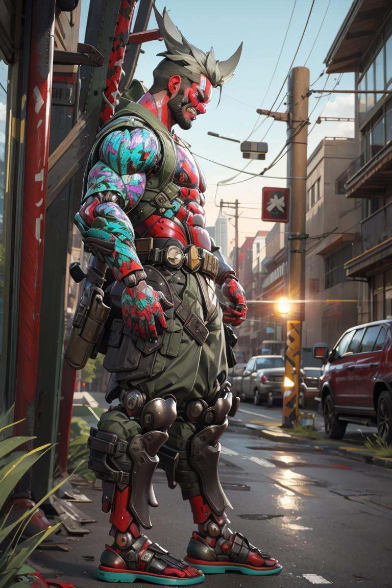 1boy,male focus,<lora:CyberGenji:1>,cybergenji,solo,cyborg,sandals,fangs,ninjamecha,mechanical arms,2d,glowing,glowing eyes,no human being,(thick limbs:1.3),mask,muscular,weapon on back,sunset,full body,panorama,full_shot,from side,(outdoors:1.5),, masterpiece,best quality,highres,ultra high res,(abstract art:1.2),2d,(highlydetailed),(colorful),(intenseexpression),(fashionable),