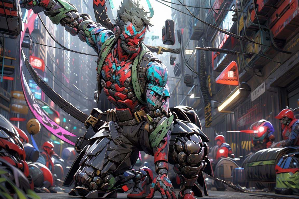 1boy,male focus,<lora:CyberGenji:1>,cybergenji,<lora:Cyberworld_20230622141420-000018>,Cyberworld,solo,cyborg,sandals,fangs,ninjamecha,mechanical arms,2d,street,neon lights,(night:1.5),glowing,glowing eyes,no human being,(thick limbs:1.3),mask,muscular,weapon on back,, masterpiece,best quality,highres,ultra high res,(abstract art:1.2),2d,(highlydetailed),(colorful),(intenseexpression),(fashionable),