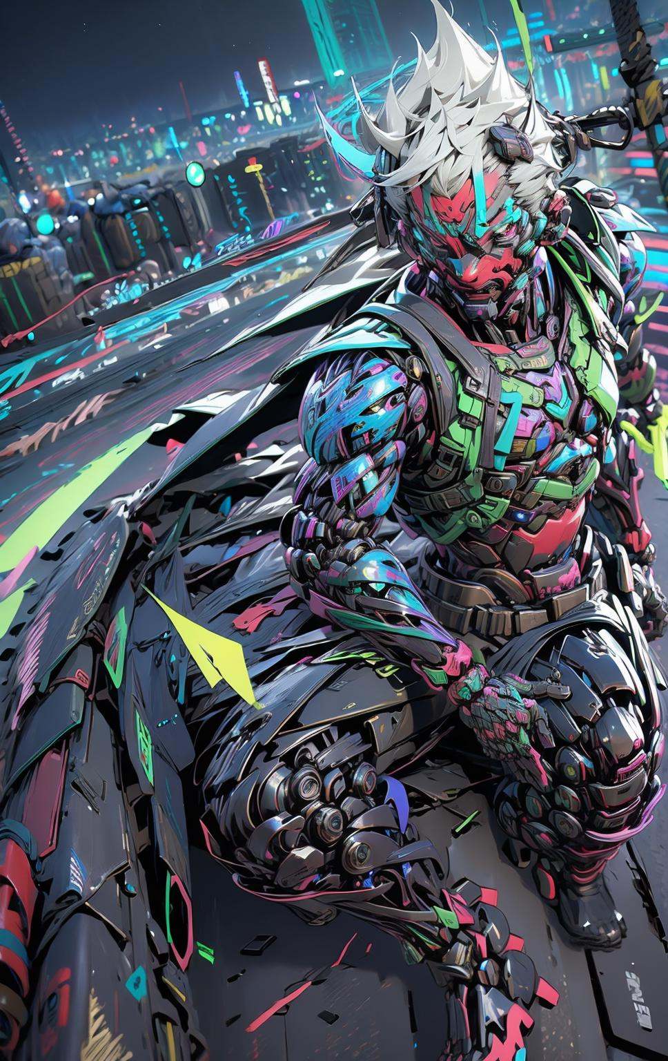 1boy,male focus,solo,close-up,masterpiece,best quality,<lora:Cyberworld_20230622141420-000018>,Cyberworld,glowing eyes,white hair,ultra detail,8k,near future,akihabara,fisheye_lens,view from head-mounted display,vivid color,neon city,(cityscape:1.5),night,beat'-em-up game,<lora:CyberGenji:1>,cybergenji,no human being,(night:1.5),(neon trim:1.5),(neon lights:1.5),sitting,