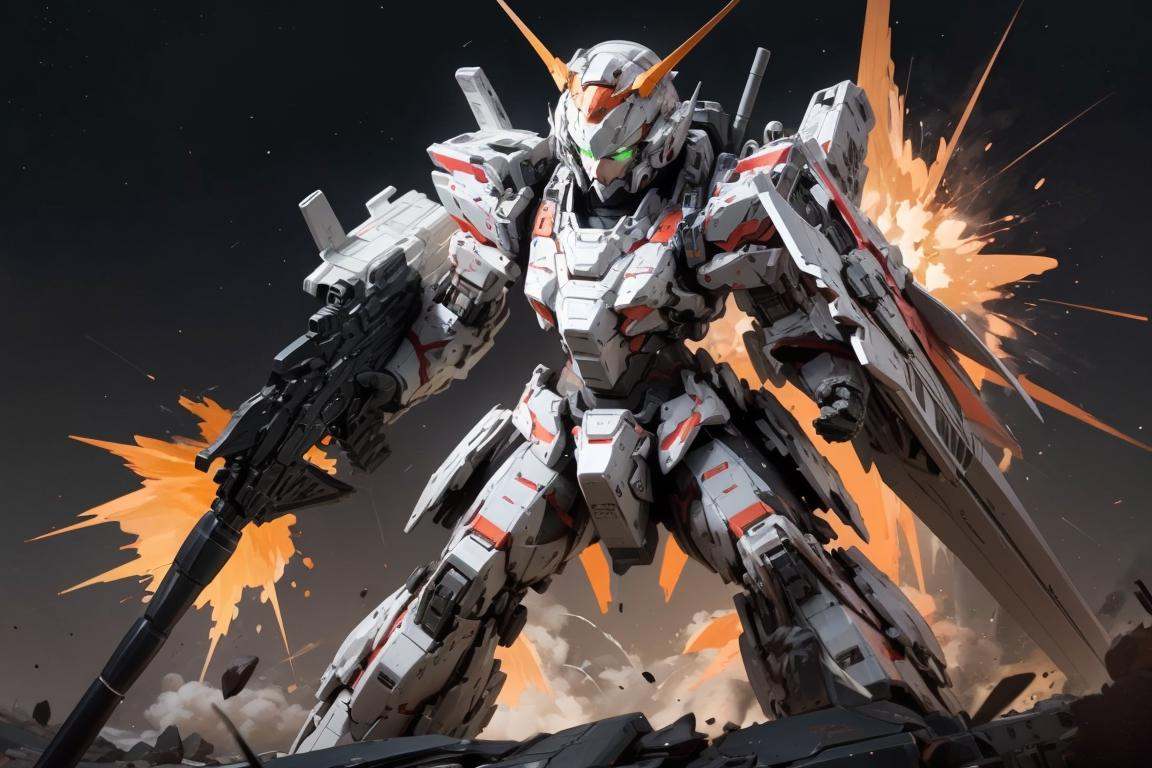 full armor,green eyes,glowing_eyes,science_fiction,realistic,mecha,destoryMode,<lora:RX0-Destory1:0.8>,(explosion background:1.5),(dark sky background:1.5),modern,unreal engine 4,concept art,futuristic,realitic,mecha head,firing,full_shot,panorama,holding gun,, masterpiece,best quality,highres,ultra high res,(abstract art:1.2),2d,(highlydetailed),(colorful),(intenseexpression),(fashionable),