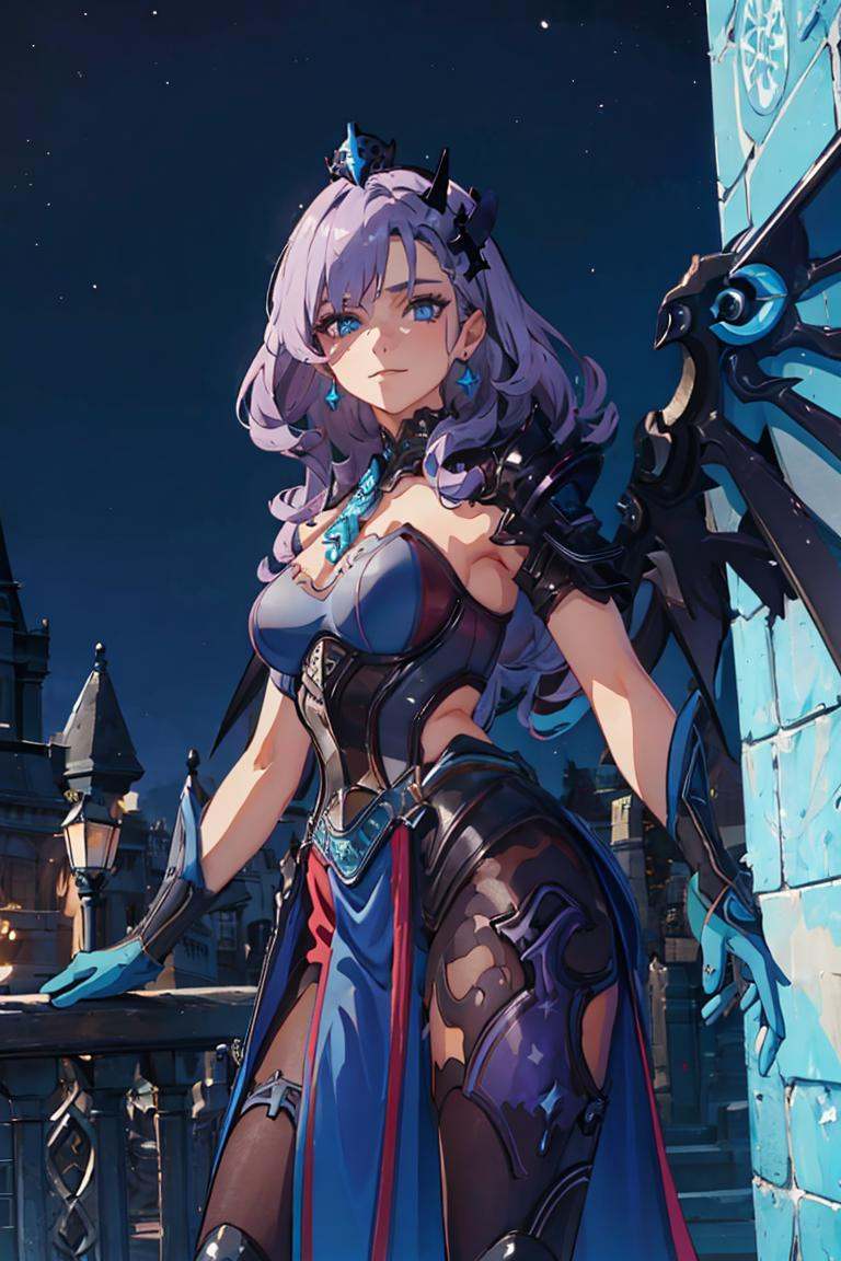 1girl,solo,<lora:AllStarMercy:0.8>,allstar,crown,gloves,breastplate,armor,mechanical wings,long skirt,pelvic curtain,blue eyes,purple hair,long hair,wave hair,crescent earrings,crescent hair ornament,(night:1.3),(gothic architecture:1.5),cowboy_shot,looking_at_viewer,smile,, masterpiece,best quality,highres,ultra high res,(abstract art:1.2),2d,(highlydetailed),(colorful),(intenseexpression),(fashionable),
