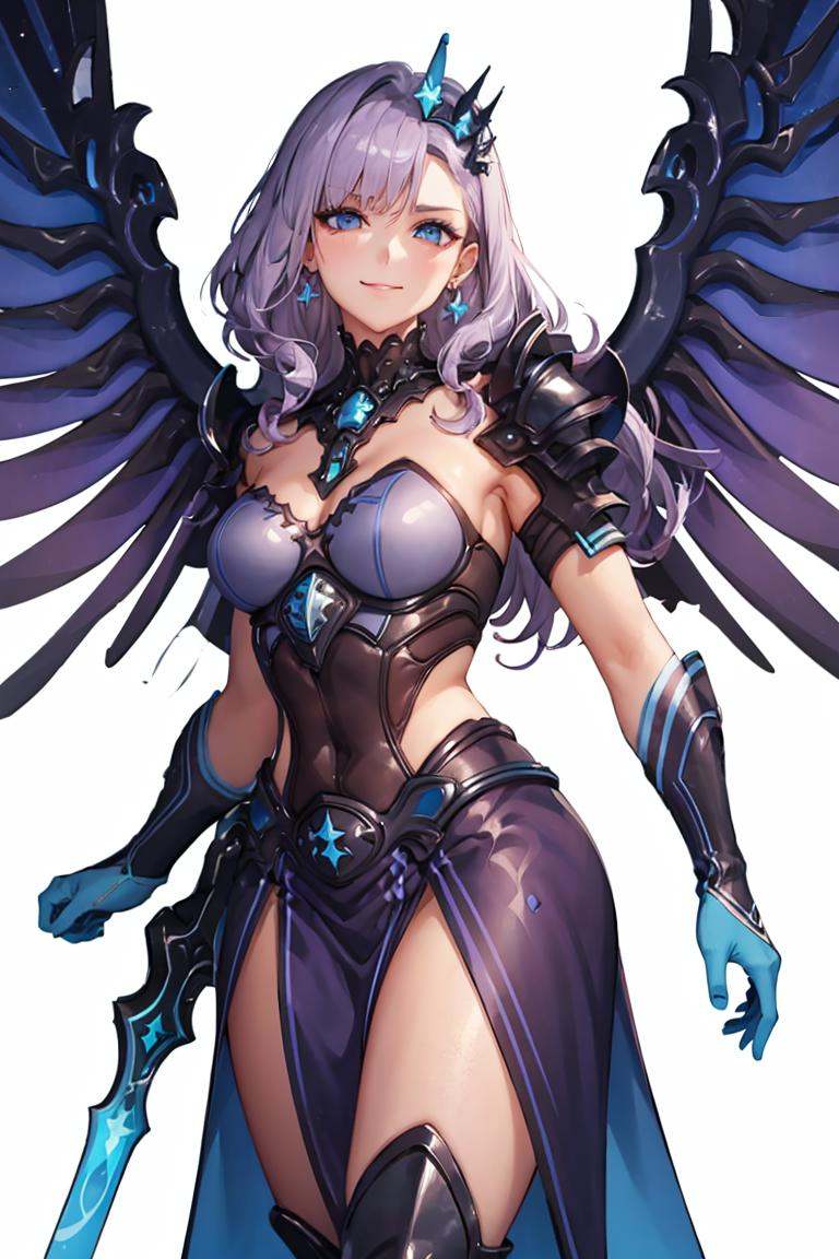 1girl,solo,<lora:AllStarMercy:0.8>,allstar,crown,gloves,breastplate,armor,mechanical wings,long skirt,pelvic curtain,blue eyes,purple hair,long hair,wave hair,crescent earrings,crescent hair ornament,night,gothic architecture,cowboy_shot,looking_at_viewer,smile,, masterpiece,best quality,highres,ultra high res,(abstract art:1.2),2d,(highlydetailed),(colorful),(intenseexpression),(fashionable),