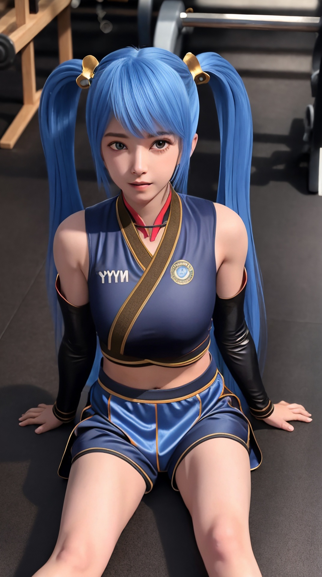A girl,Blue hair,Long hair,(Twins ponytail),(gym uniform:1.5),Sitting on the carpet,Looking at the viewer,,<lora:32378d092aaccb013329285f6643c9cffc6f0b8899367b6c0e20e144c5f3bfd4:0.6>