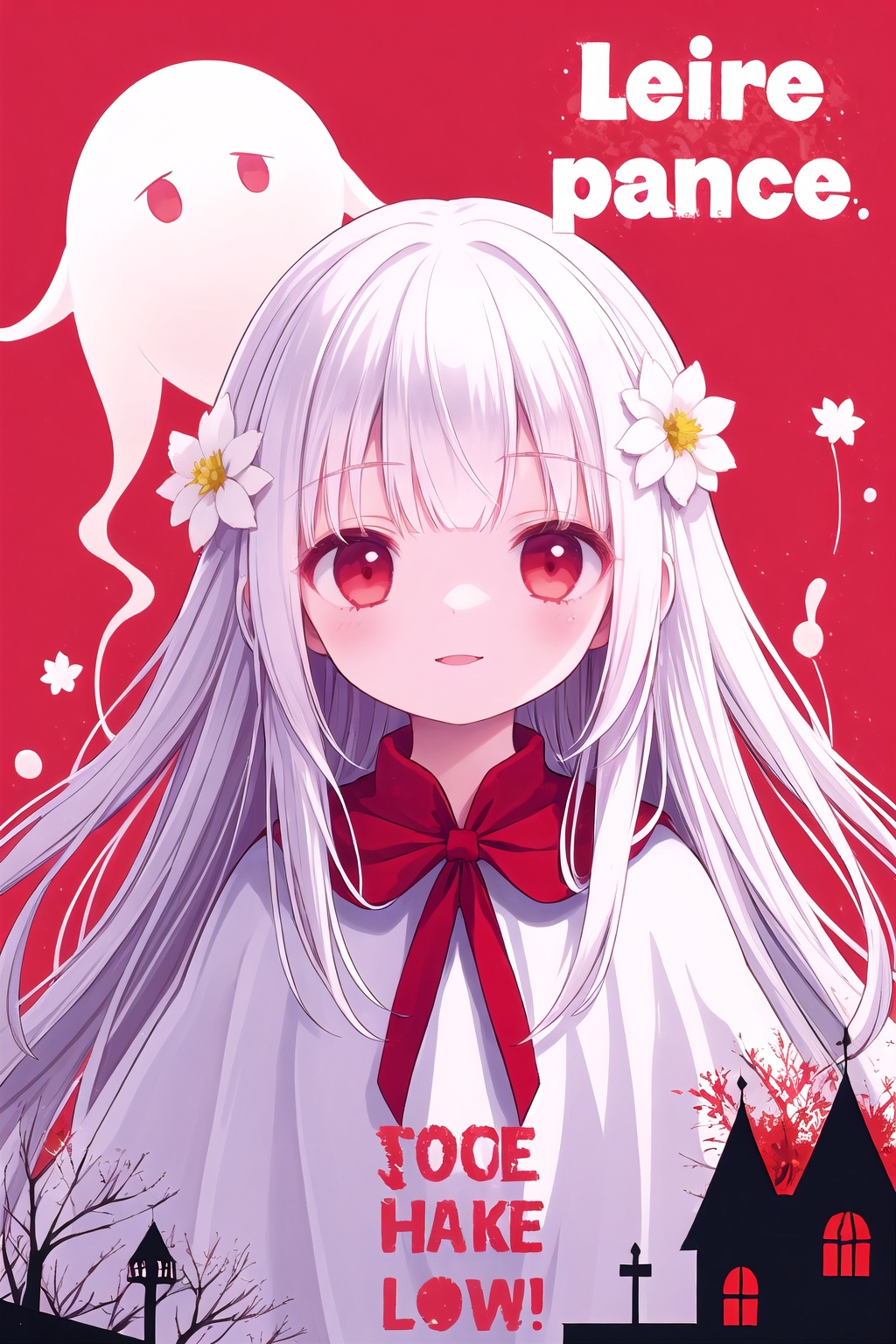 1girl,(loli:1.2),red eyes,white cape,expressionless,(white hair),long hair,(red hair flower),(blood:1.2),(ghost castle:1.2),(english text),(silhouette),Long bangs,evil smile,cover,Text below
