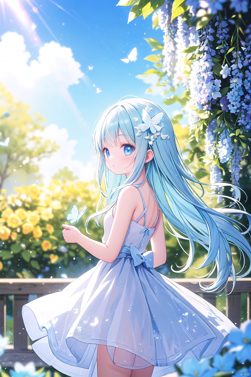  wide shot,(depth of field),global illumination,soft shadows,grand scene,backlight,lens flare,((colorful refraction)),((cinematic lighting)),in the market,from side,looking outside,with butterfly,1girl with lightblue long hair and blue aqua eyes,hair flowers,hime cut,sunlight,blurry background,blurry,white dress,