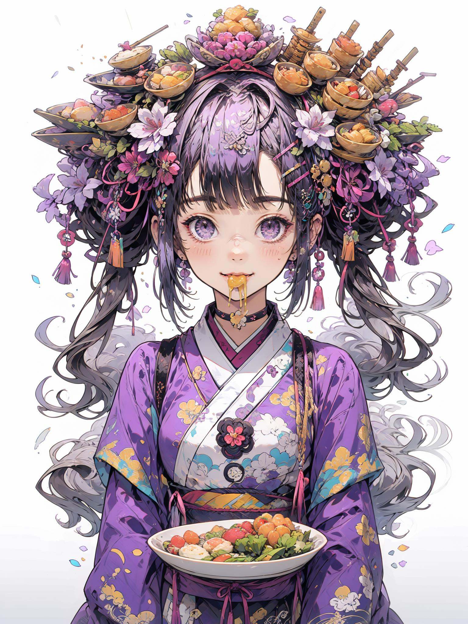 HEZI, 1girl, solo, hair ornament, japanese clothes, bowl, kimono, purple eyes, flower, food, hair flower, looking at viewer, bangs, upper body, chopsticks, hair bun, blush, purple hair, double bun, floral print, jewelry, earrings, smile, nail polish, grey hair, print kimono, noodles, closed mouth, eating, sidelocks, red flower, egasumi, grey background, food-themed hair ornament, :3, blunt bangs, new year, x hair ornament, tassel, black nails, choker, black kimono, pink flower, hairpin, hairclip, headband, portrait <lora:盒子系列——吃货女孩:0.65>