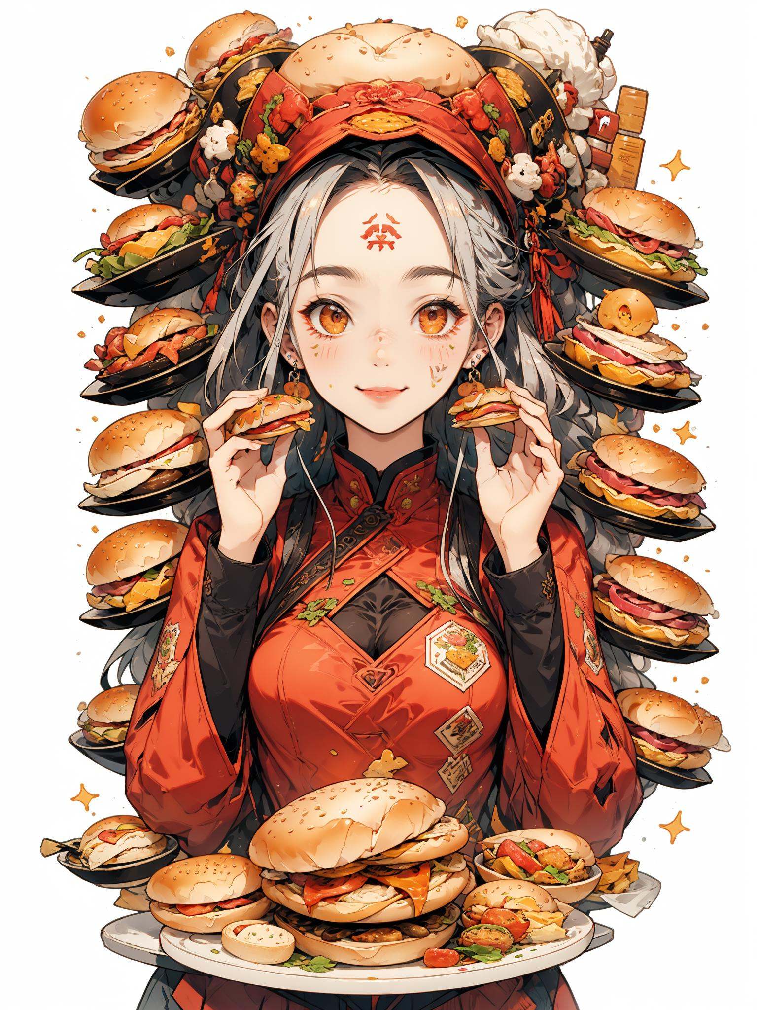 HEZI, 1girl, food, solo, holding, eating, plate, looking at viewer, blush, jewelry, long hair, chinese clothes, grey hair, holding food, earrings, upper body, smile, long sleeves, dumpling, red eyes, meat, braid, breasts, orange eyes, food on face, burger, red headwear, cheese, closed mouth, facial mark, red dress, holding plate, bangs, pizza, forehead mark, chicken \(food\), dress, hat, medium breasts, sidelocks, hair ornament, hair intakes, hands up, wide sleeves<lora:盒子系列——吃货女孩:0.65>