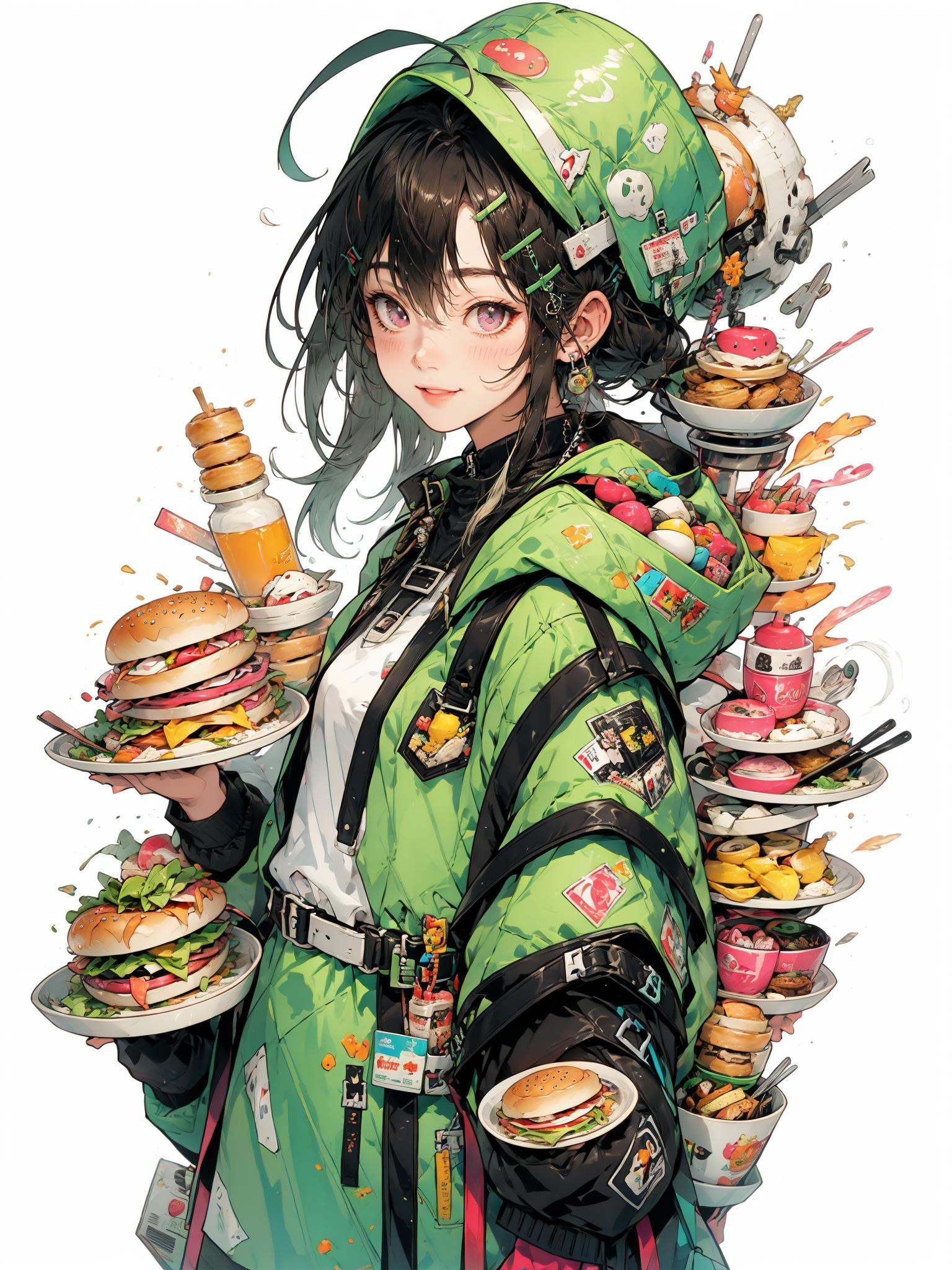 HEZI, 1girl, solo, food, looking at viewer, hair ornament, jacket, cup, tray, hat, long hair, white background, burger, bag, smile, green headwear, green jacket, grey hair, backpack, jewelry, holding, hood, egg \(food\), ahoge, braid, closed mouth, hairclip, upper body, plate, hood down, simple background, watch, earrings, wristwatch, blush, hooded jacket, bird, sandwich, long sleeves, bangs, french fries, baseball cap, shrimp, egg, pink eyes, grey eyes, gloves, belt, spoon, holding tray, white jacket, sidelocks, zipper, hair between eyes, brown eyes, ketchup, fried egg, small breasts, teacup, bread, floating hair, headwear removed, zipper pull tab<lora:吃货女孩-000015:0.65>