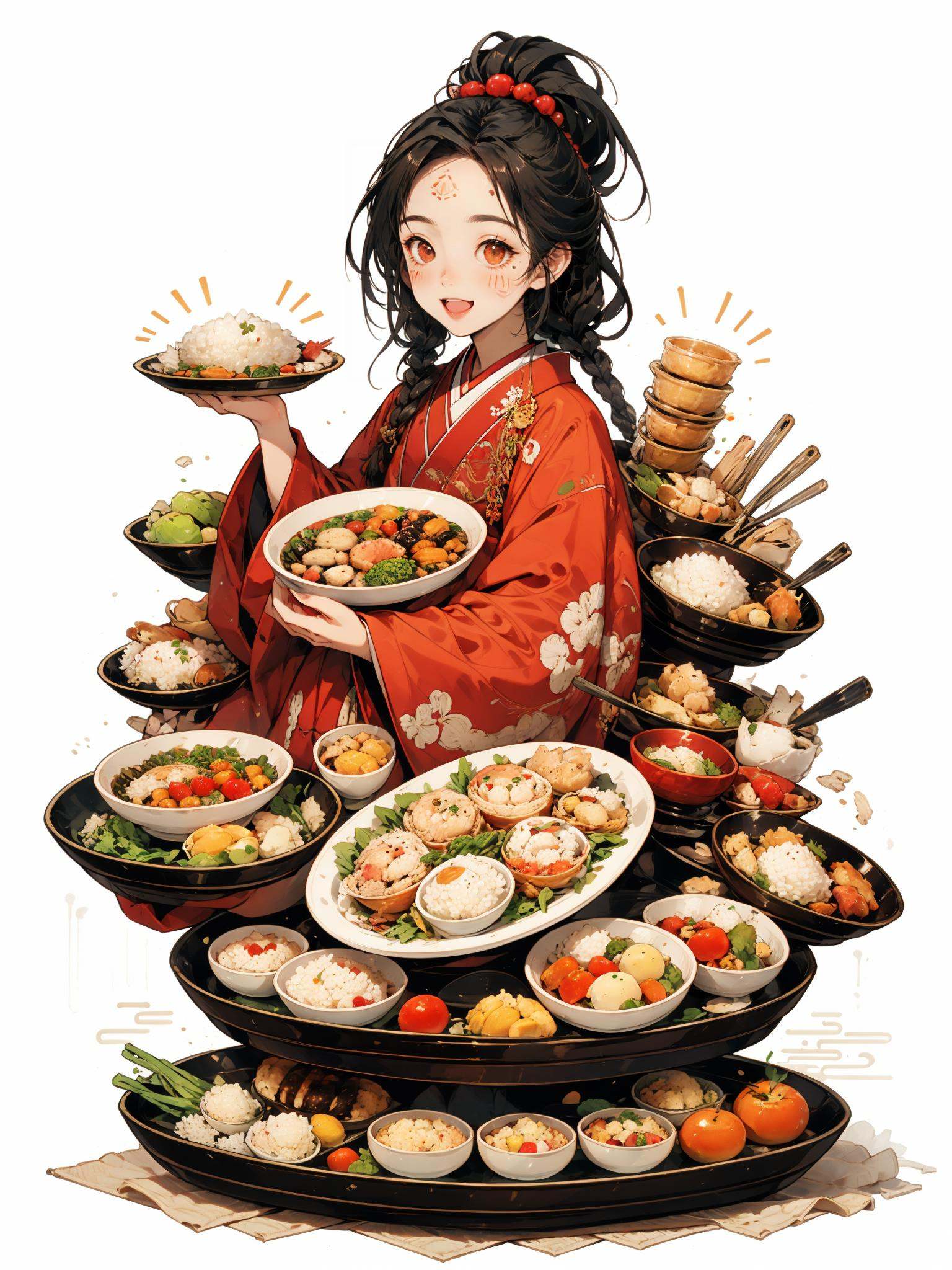 HEZI, 1girl, food, holding, smile, bird, plate, solo, open mouth, bowl, braid, black hair, long hair, chicken, rice, :d, white background, long sleeves, wide sleeves, hair ornament, animal, brown eyes, holding food, japanese clothes, fruit, holding plate, vegetable, red kimono, sitting, tray, blush, kimono, simple background, egg, bangs, single braid, shrimp, red eyes, chicken \(food\), forehead mark, dumpling, facial mark, looking away, holding bowl, pom pom \(clothes\)<lora:盒子系列——吃货女孩:0.65>