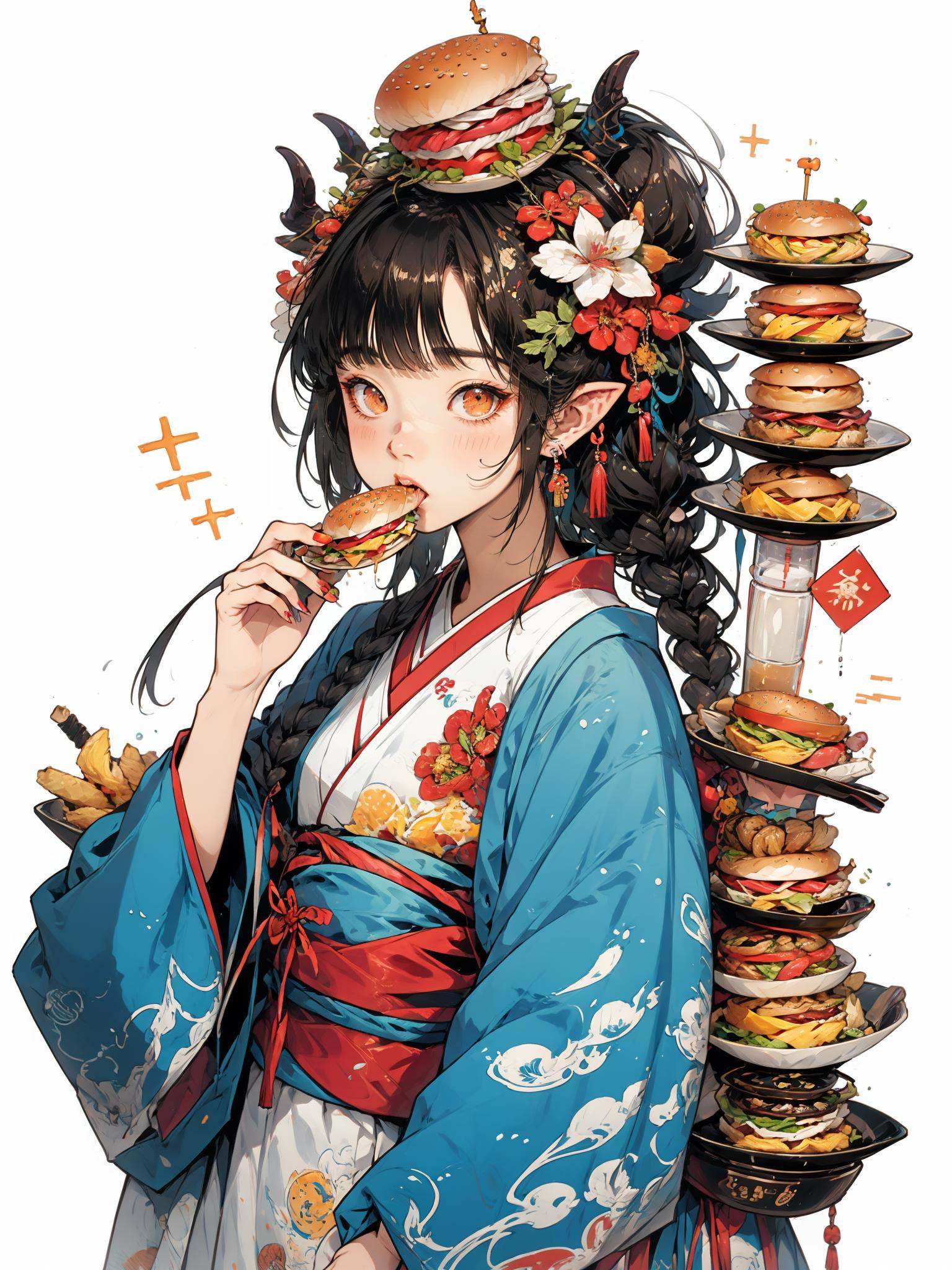 HEZI, burger, food, 1girl, japanese clothes, kimono, black hair, braid, long hair, holding, solo, upper body, hair ornament, holding food, looking at viewer, bangs, long sleeves, blush, horns, sash, eating, flower, wide sleeves, blue kimono, obi, french fries, fang, drinking straw, pointy ears, object on head, food on head, white kimono, single braid, animal print, chinese zodiac, cup, earrings, jewelry, food in mouth, hair flower, nail polish, mouth hold, sidelocks, brown eyes, orange eyes, egasumi, print kimono, new year, white background, braided ponytail <lora:盒子系列——吃货女孩:0.65>