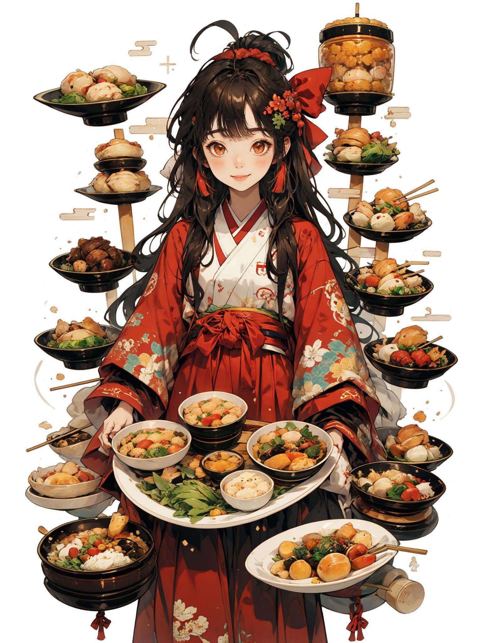 HEZI, 1girl, solo, food, long hair, bangs, long sleeves, bow, looking at viewer, red bow, hair bow, japanese clothes, chopsticks, hair ornament, dumpling, red eyes, brown hair, wide sleeves, flower, layered sleeves, blush, holding, closed mouth, hair flower, kimono, hair intakes, red kimono, plate, sash, white background, nail polish, cup, tassel, obi, floral print, short over long sleeves, green nails, vegetable, fish, soup, cowboy shot, simple background, chinese clothes, brown eyes, red flower, jar, smile, skirt, print kimono, skewer, short sleeves, cloud print, ahoge, bowl, upper body, sidelocks, holding chopsticks, light smile, standing, black hakama, spoon, food art, hakama<lora:吃货女孩-000015:0.65>