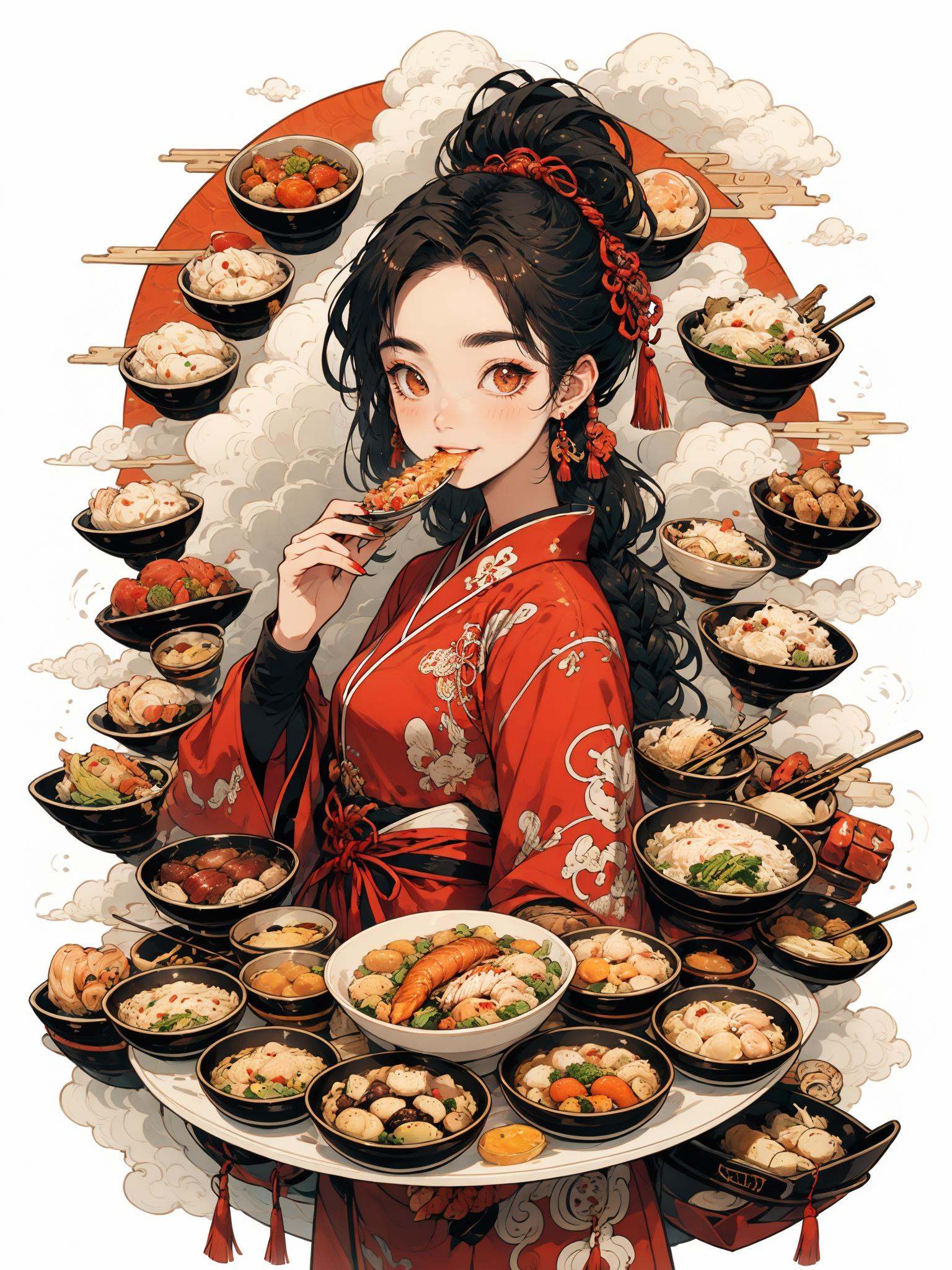 HEZI, 1girl, food, solo, holding, jewelry, chopsticks, earrings, looking at viewer, long sleeves, black hair, chinese clothes, hair ornament, fish, holding food, red eyes, bowl, dumpling, shrimp, holding chopsticks, white background, long hair, eating, bangs, hand up, parted lips, noodles, hair stick, upper body, simple background, braid, soup, thick eyebrows, tassel, holding bowl, breasts, vegetable, cowboy shot, sidelocks, meat, steam, tangzhuang, closed mouth, brown eyes, cloud print, red nails, parted bangs, small breasts, red theme, smile, short eyebrows, blush, red kimono <lora:吃货女孩-000015:0.65>