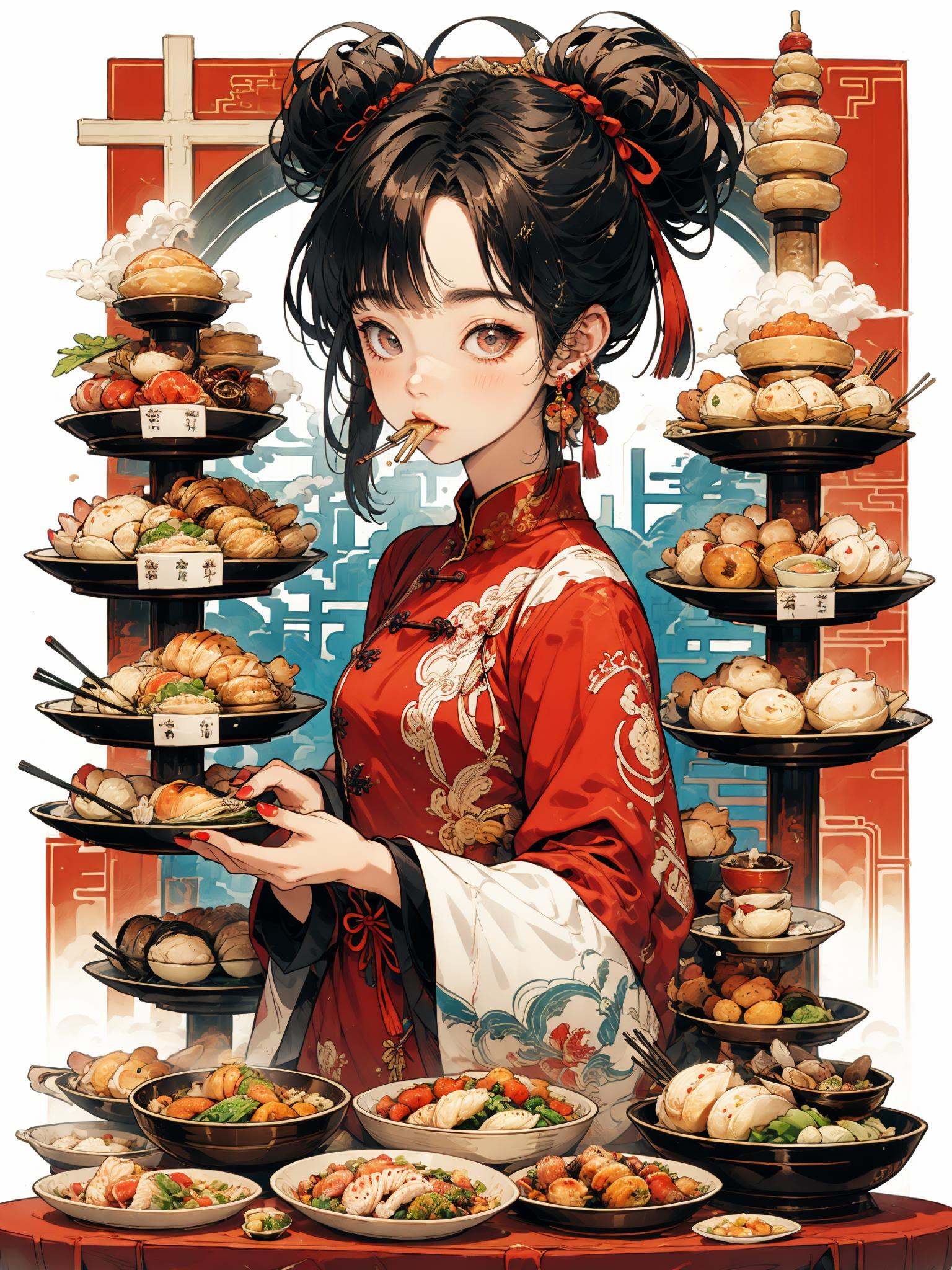 HEZI, 1girl, chinese clothes, food, solo, jewelry, chopsticks, eating, hair bun, looking at viewer, black hair, bowl, red nails, earrings, holding, long sleeves, double bun, bangs, dress, holding chopsticks, blush, dumpling, plate, china dress, hair ornament, table, grey eyes, nail polish, meat, red dress, fish, lattice, small breasts, upper body, noodles, breasts, baozi, holding bowl, ribbon, bamboo steamer, hair ribbon, tassel, layered sleeves, shrimp, soup, steam, short hair, tassel earrings, vegetable, braid, short over long sleeves, red ribbon, smoke<lora:盒子系列——吃货女孩:0.65>