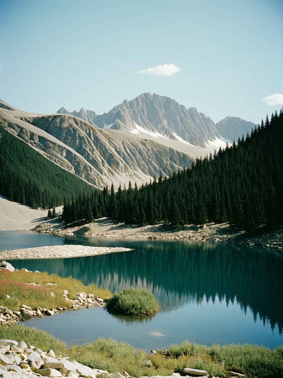 landscape featuring beauty lake in the middle of mountains. Shot on 35mm with Kodak Portra 400 on Tensor.Art