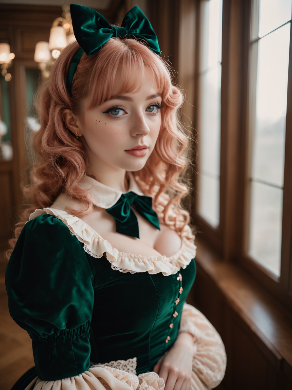Shallow Depth of Field,  wide angle image of a 30yo captivating lolita girl ) BREAK,  costumed in an intricate dark emeral...