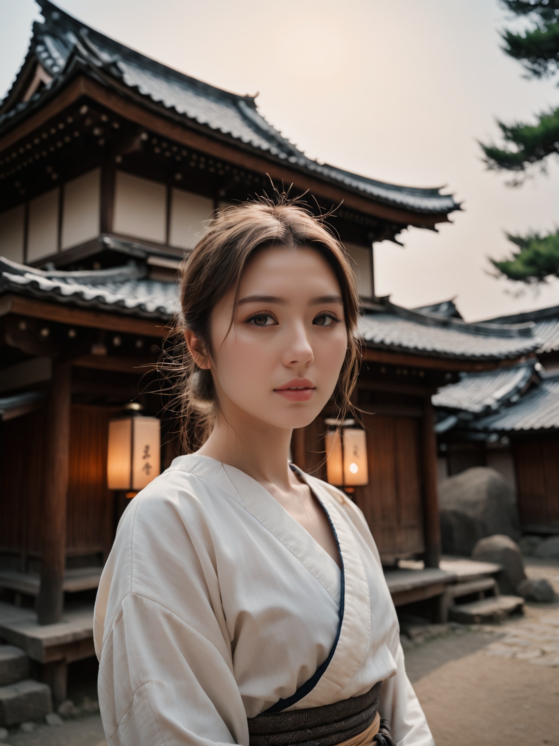 bokeh,  editorial style portrait of a cute caucasian girl posing on an ancient japan village. ultra realistic,  trending o...