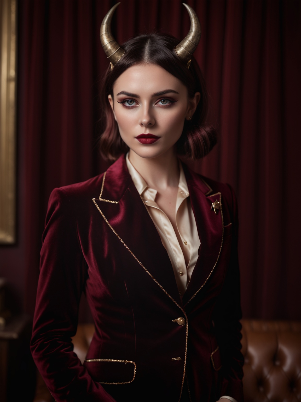 (Shallow Depth of Field),  Create a fantasy-themed portrait with a demon 25yo girl character exuding a vintage charm. The...