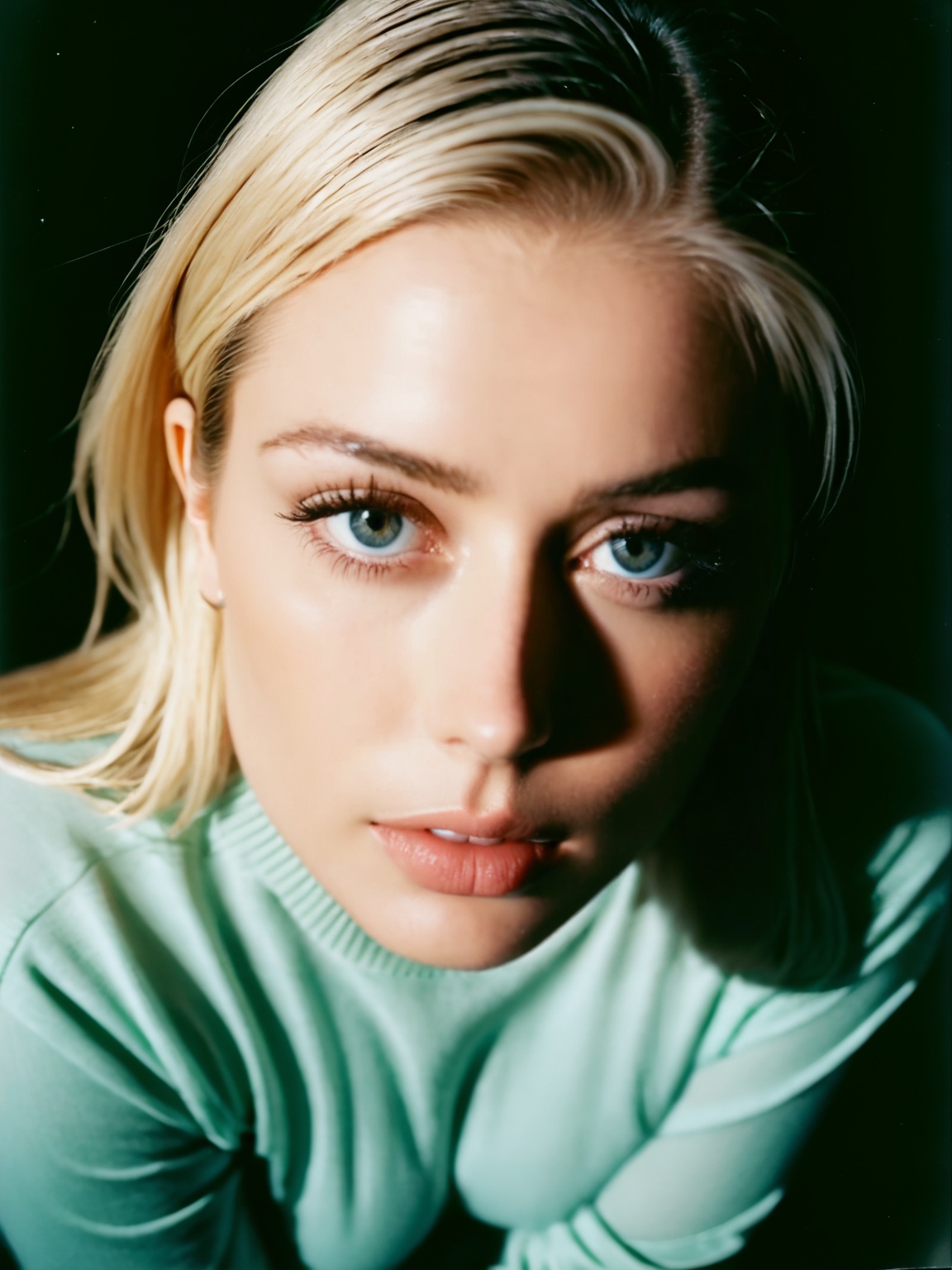 high angle perspective photo of a gorgeous woman. Shot on 35mm with CineStill 800T on Tensor.Art