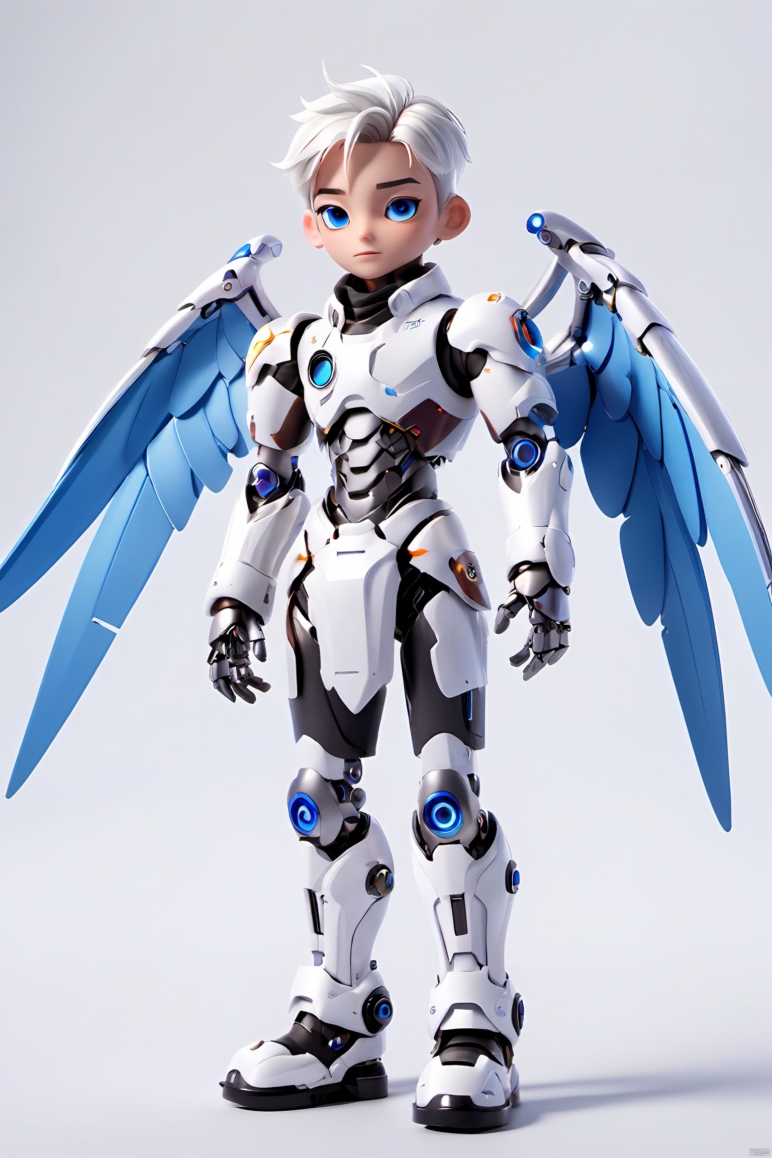  robot boy, 1boy, solo, wings,mecha musume, mechanical wings, white hair, full body, looking at viewer, heterochromia, science fiction,blue eyes, robot joints, joints, feathered wings, 
closed mouth, white background, standing, android,