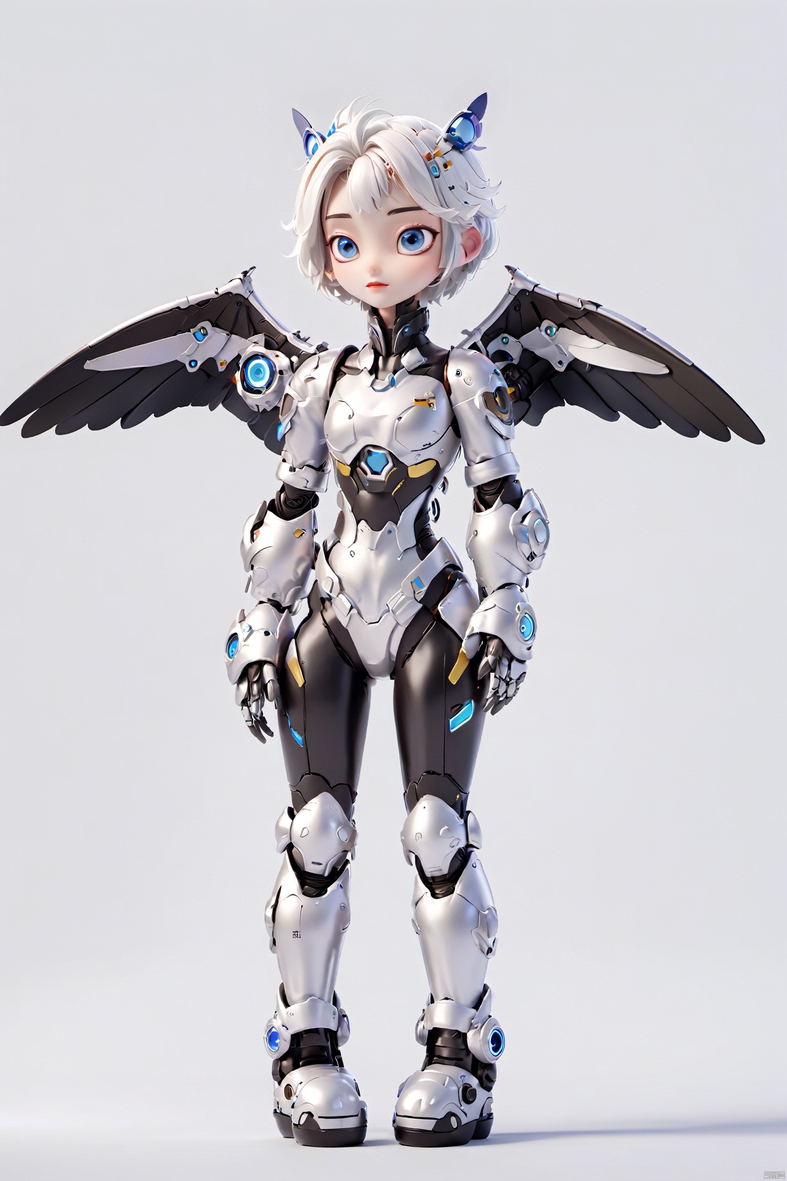  robot girl, 1girl, solo, wings,mecha musume, mechanical wings, white hair, full body, looking at viewer, heterochromia, science fiction,breasts, blue eyes, robot joints, bodysuit, joints, feathered wings, medium breasts, closed mouth, white background, standing, android, Tai, Character,