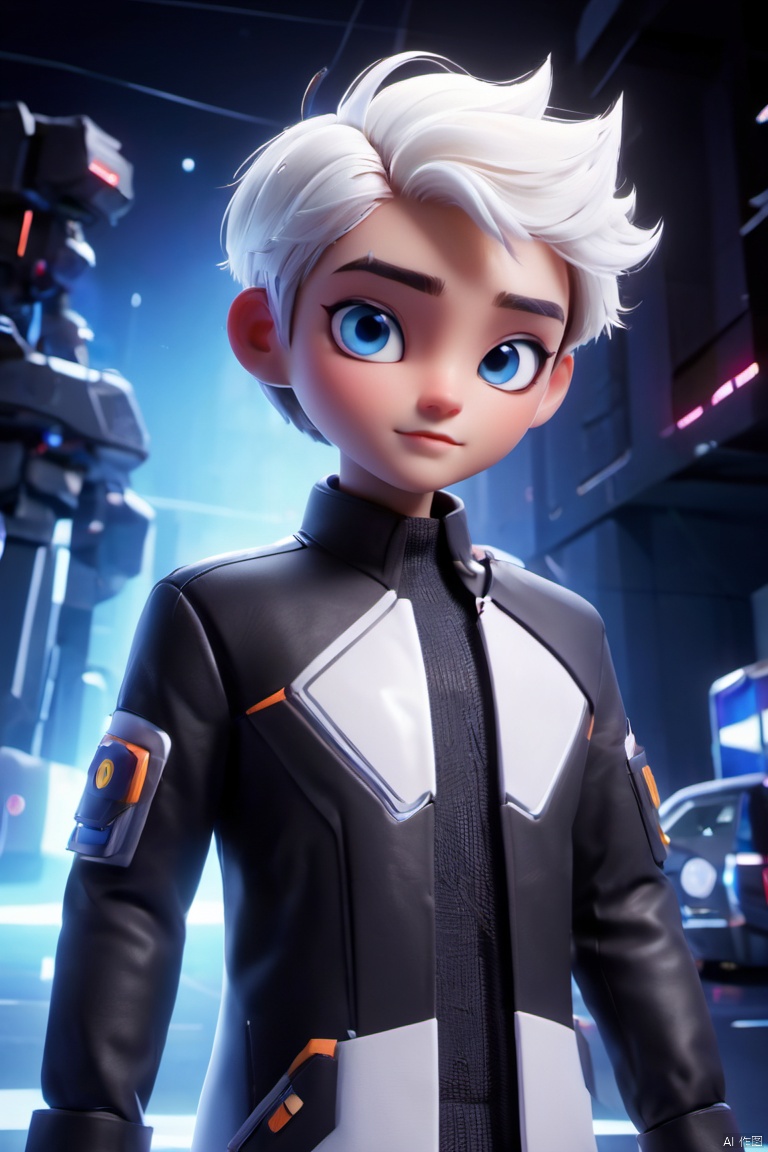  Graphics card core,1boy, solo,blue eyes,mecha musume,white hair,Short hair, In their 20s,handsome,Cheerful,extroversion,looking at viewer,energy,glowing,diffractionspikes,ejaculation,electricity,magic,tarrysky, ,full_body,Anime characters,technological marvels,Mech jacket, futuristic style, ray tracing, hyper-realistic pop, celestialpunk, grid-like structures, full_body,8k, 1boy