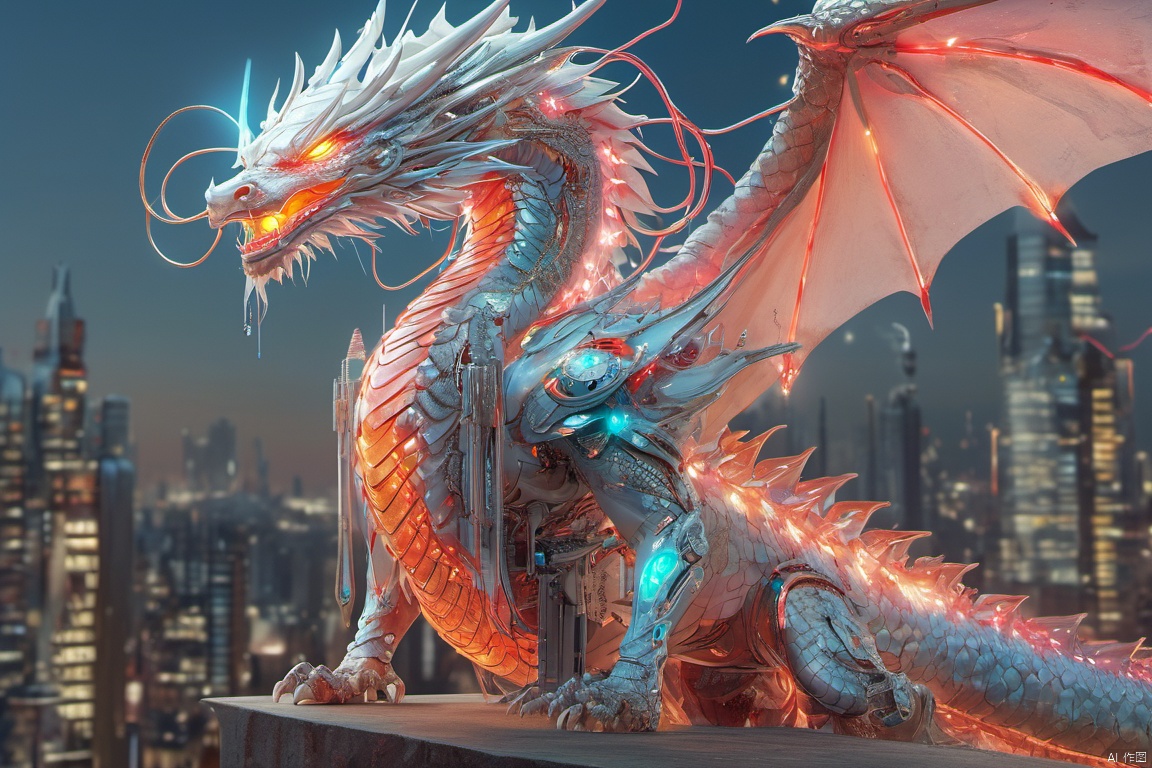A cyberpunk style dragon king with laser eyes, its scales reflecting neon lights, with various electronic components and mechanical structures embedded in its body. The dragon's gaze is sharp, as if it can see through everything, the beam of light shot from its laser eyes illuminates the surrounding environment. It spreads its wings, showing a sense of power, surrounded by a city night scene full of technology, the lights of high-rise buildings and the dragon king's electronic components reflect each other. High quality, high definition, ultra HD 4k image, intricate details, sharp focus, dramatic lighting, photorealistic art by Greg Rutkowski, Jeremy Mann, Studio Ghibli, Ed Blinkey, Atey Ghailan, Antonio Moro, trending on CGSociety, ArtStation, digital painting, concept art, majestic oil painting.