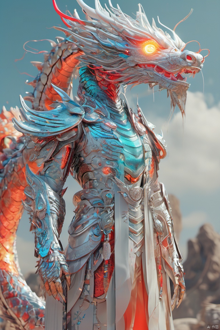 A surreal, intricately detailed, anime-style metallic dragon king character with laser eyes, rendered in a Dunhuang art style, inspired by Zhang Daqian, with a 4K resolution, Octane render, and Unreal Engine for photorealistic effects, set in a futuristic cyberpunk environment, with a wide angle lens, soft lighting, and a cinematic depth of field