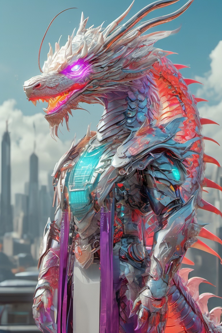 A cyberpunk style dragon king with intricate mechanical armor emitting neon glow, wings spread with high-tech electronic circuits and luminous components. Surrounded by a futuristic city skyline with towering skyscrapers and floating billboards accentuating the dragon's majesty. The sky filled with purple and blue neon lights, creating a mysterious and avant-garde atmosphere. Ultra HD image, high-quality photorealistic artwork inspired by cyberpunk genre, detailed dragon design, vibrant neon colors, epic fantasy scene, cinematic lighting, depth of field, digital painting by contemporary artists, trending on ArtStation, popular in concept art community.