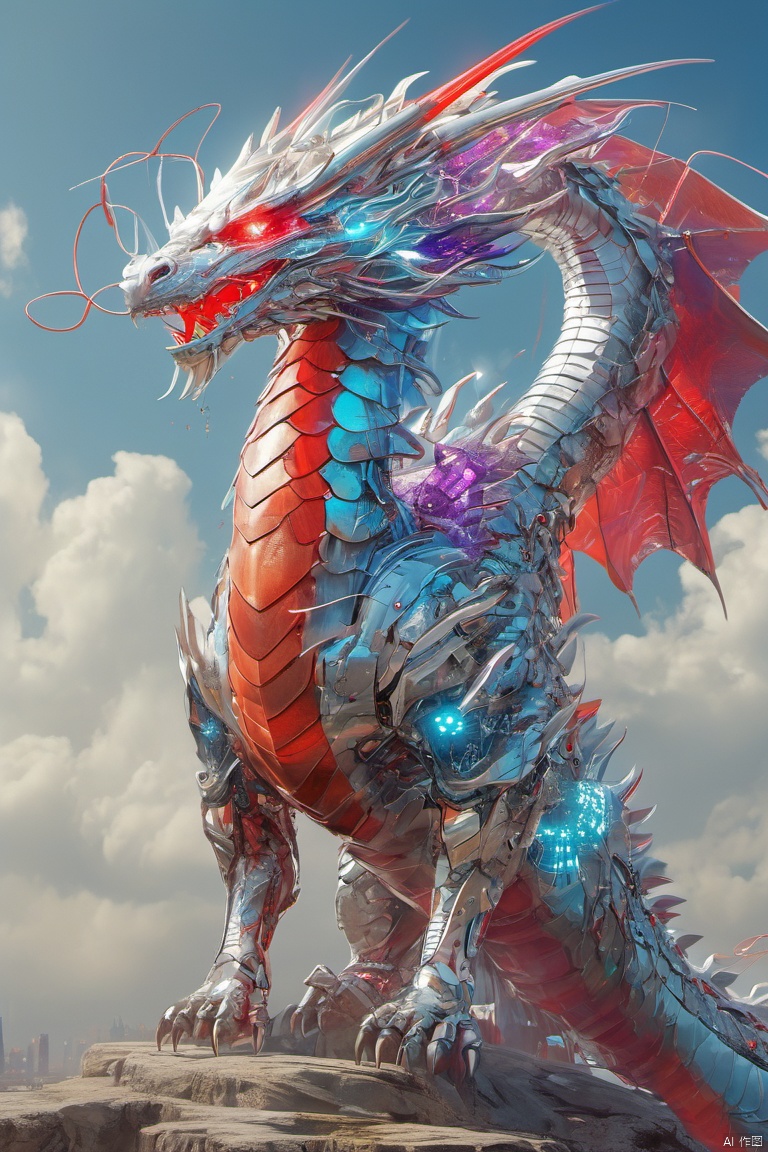 A huge cyberpunk style dragon flying in the sky, its body composed of metal and machinery, shining with blue and purple lights. Its wings spread out as if soaring through the clouds. The dragon's eyes emit bright red light, giving a mysterious and powerful feeling. The sky is dark blue, filled with stars, adding a sense of science fiction and futurism to the whole picture. High quality, high definition, sharp focus, dramatic, photorealistic painting art by midjourney and greg rutkowski.