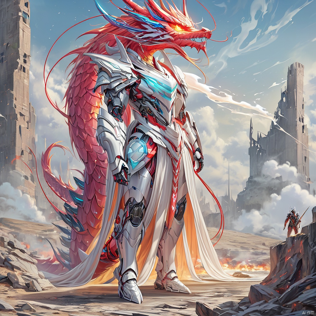 A cybernetic dragon king standing on a desolate battlefield, holding a high-tech weapon with cold light shining, its body covered by solid mechanical armor, behind it is a ruin and burning flames, smoke pervading the sky. High-definition image of a futuristic cyborg dragon king with advanced weapon, in a post-apocalyptic setting, digital art by Greg Rutkowski, trending on ArtStation, intricate details, sharp focus, dramatic, photorealistic painting art by midjourney and greg rutkowski.