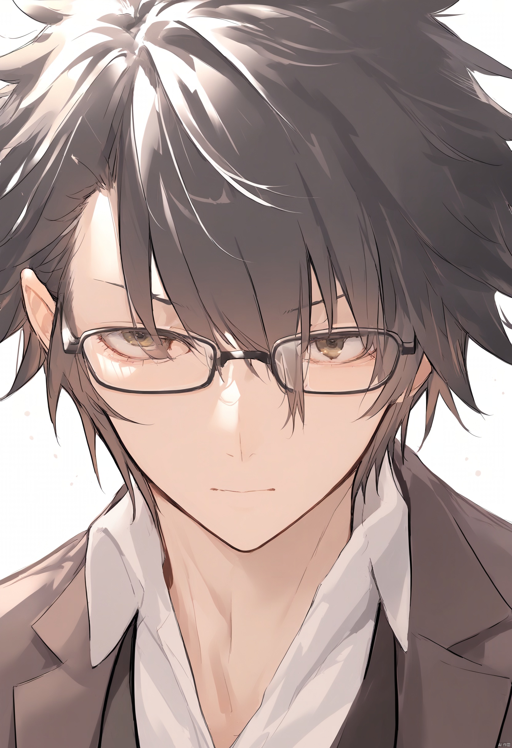  1boy,glasses,black hair,open jacket, upper body, wing collar,white_background