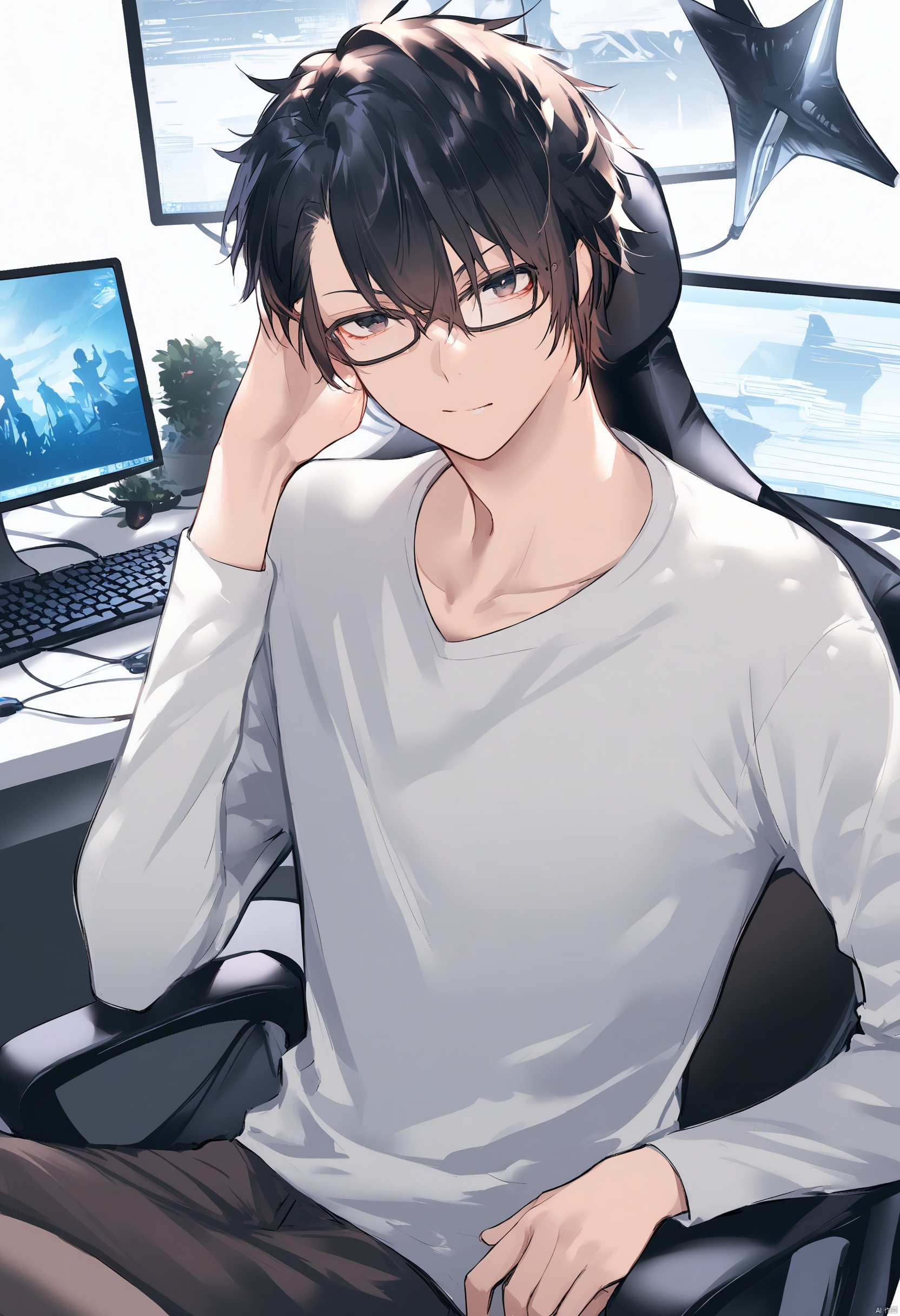  1boy,glasses,black hair, hair between eyes,
bishounen, casual, computer,monitor,gaming_chair ,sitting