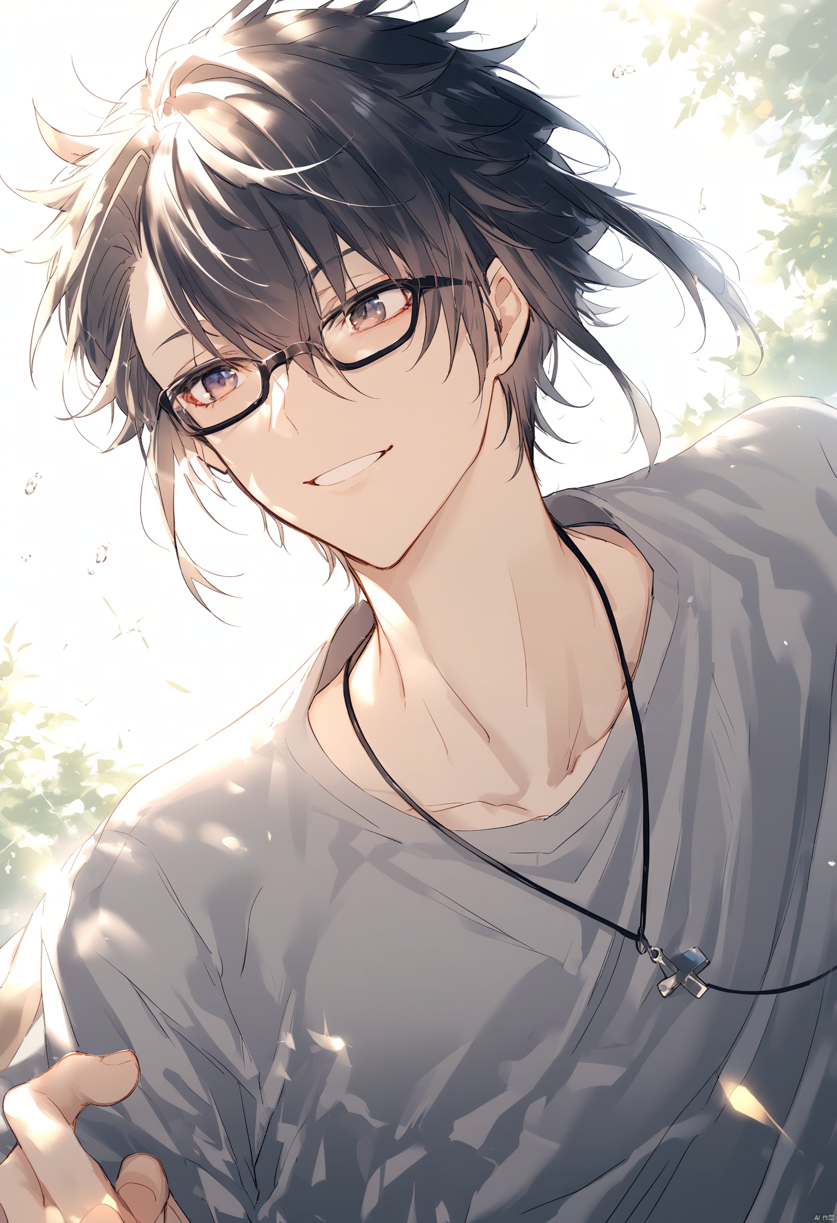  1boy,glasses,black hair, hair between eyes,upper body,white_background,
bishounen, casual, collarbone, day, floating hair, jewelry, lens flare, light rays, necklace, outdoors, sideways glance, smile, sparkle, sunlight