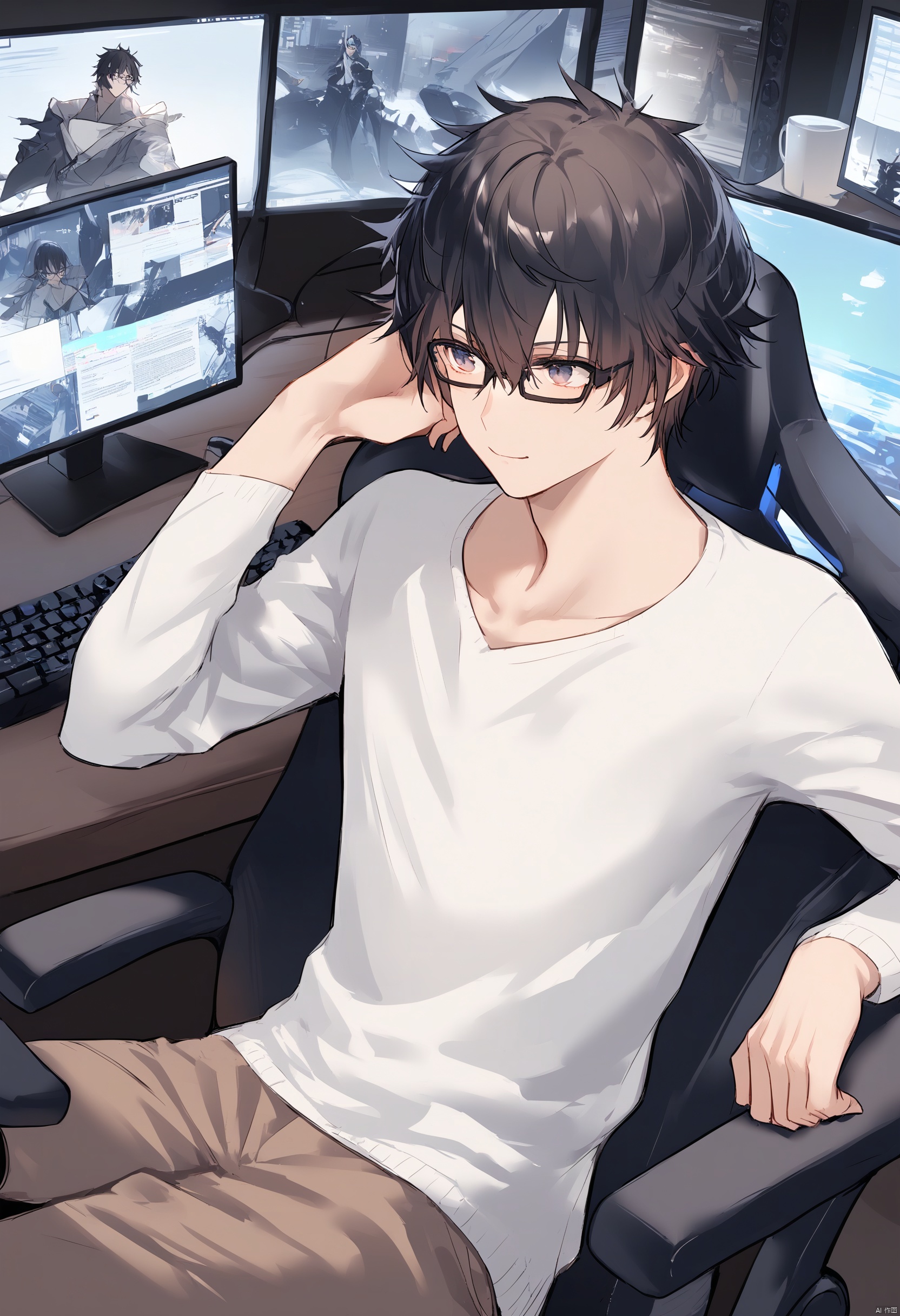 1boy,glasses,black hair, hair between eyes,
bishounen, casual, computer,monitor,gaming_chair ,sitting