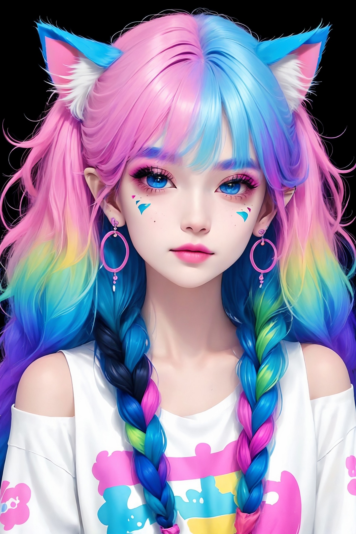 (best quality),(masterpiece),1girl,jewelry,solo,earrings,necklace,animal ears,multicolored hair,twin braids,cat ears,blue eyes,braid,gradient hair,looking at viewer,blue hair,shirt,bangs,black background,long hair,pointy ears,pink hair,animal ear fluff,facial mark,makeup,simple background,purple hair,lips,upper body,print shirt,artist name,eyelashes,freckles,bare shoulders,thick eyebrows,white shirt,mascara,pink shirt,closed mouth,hair over shoulder,off-shoulder shirt,<lora:rainbowGirl-000016:0.8>,