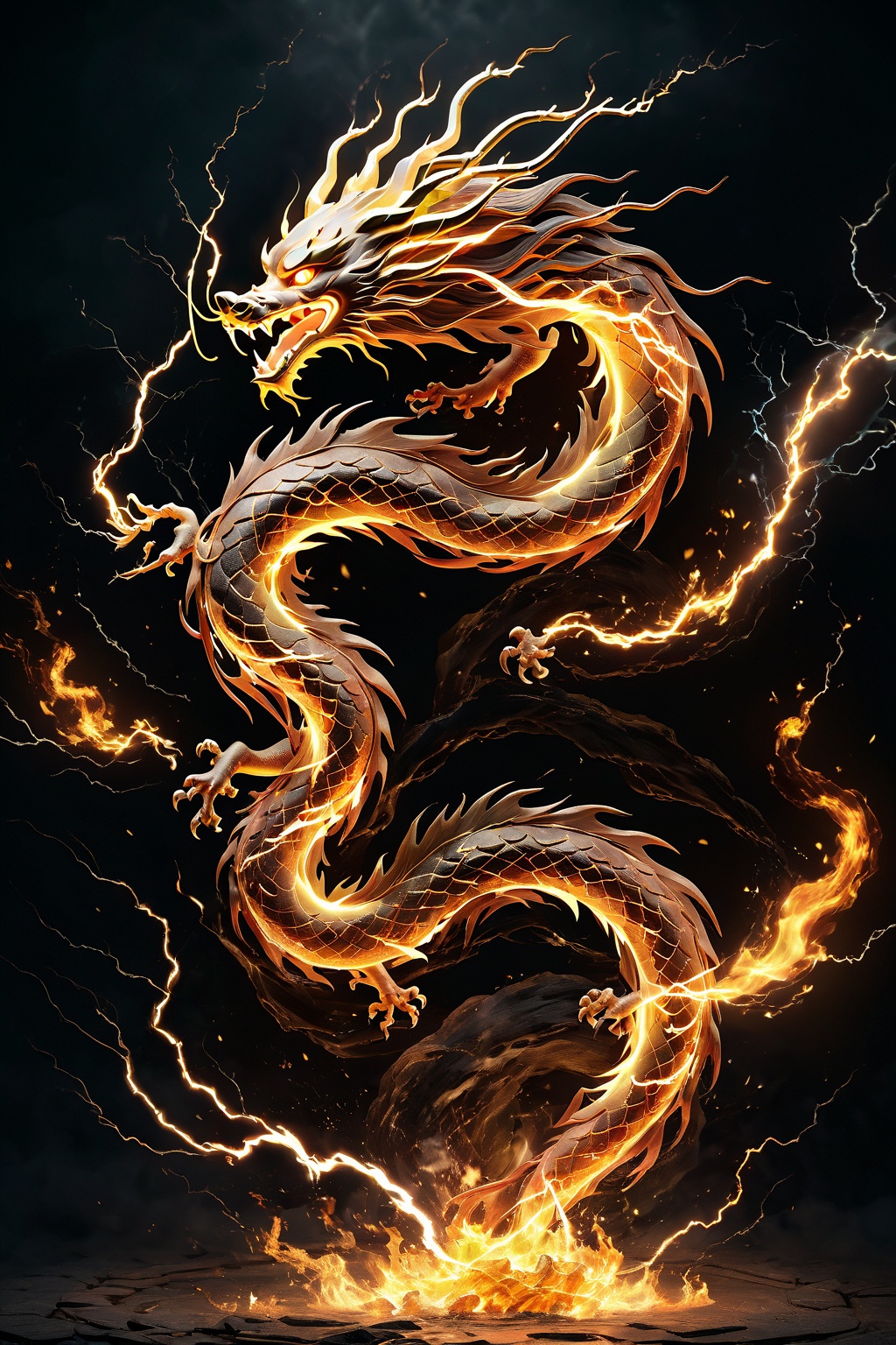 (masterpiece, top quality, best quality, official art, beautiful and aesthetic:1.2),fire element,fire Chinese dragon,(Masterpiece, high quality, best quality, official art, beauty and aesthetics:1.2),composed of elements of thunder,thunder,electricity,<lora:雷元素-特效[SDXL白棱Lora]_v1.0:0.8>,