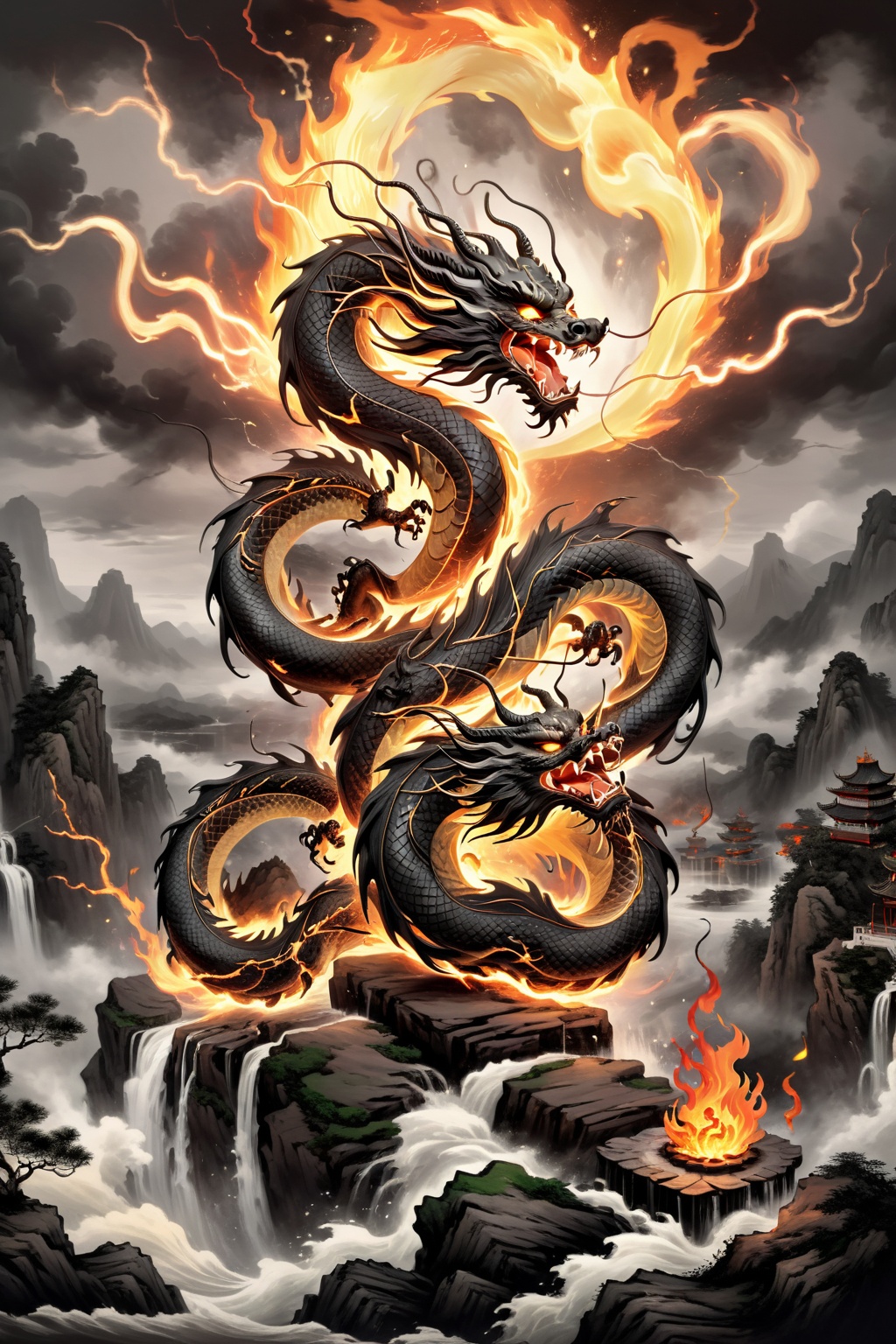 (masterpiece, top quality, best quality, official art, beautiful and aesthetic:1.2),fire element,fire Chinese dragon,(Masterpiece, high quality, best quality, official art, beauty and aesthetics:1.2),composed of elements of thunder,thunder,electricity,traditional chinese ink painting,black and white ink painting,<lora:雷元素-特效[SDXL白棱Lora]_v1.0:0.8>,