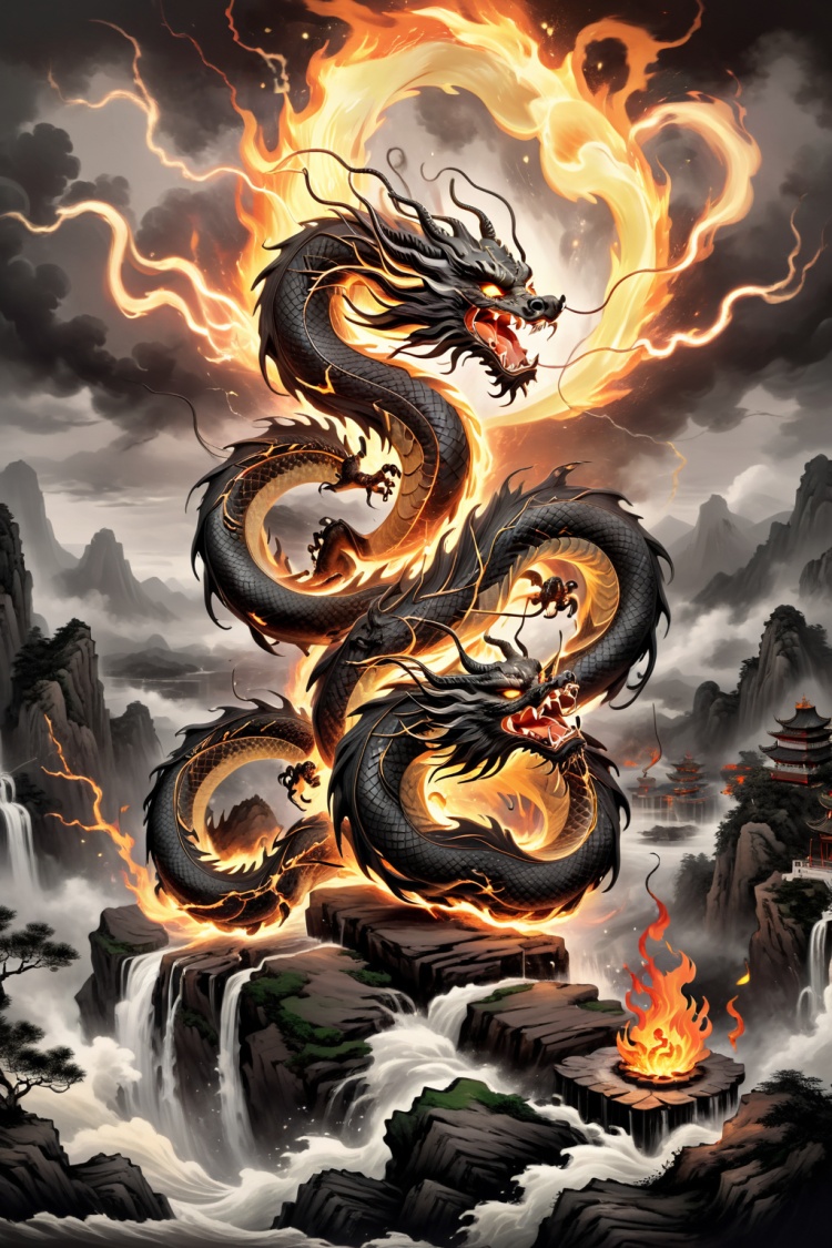 (masterpiece, top quality, best quality, official art, beautiful and aesthetic:1.2),fire element,fire Chinese dragon,(Masterpiece, high quality, best quality, official art, beauty and aesthetics:1.2),composed of elements of thunder,thunder,electricity,traditional chinese ink painting,black and white ink painting,<lora:雷元素-特效 [SDXL白棱Lora]_v1.0:0.8>,