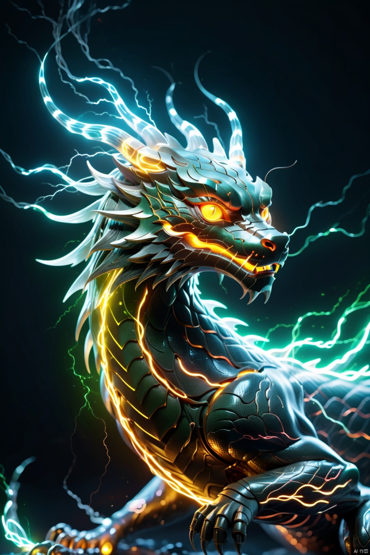  (masterpiece, top quality, best quality, official art, beautiful and aesthetic:1.2),
electricity element,electricity Chinese dragon,(laser eye,glowing eyes:1.6),cyberpunk,Fantasy and conceptualization,
composed of elements ofthunder,thunder,electricity,