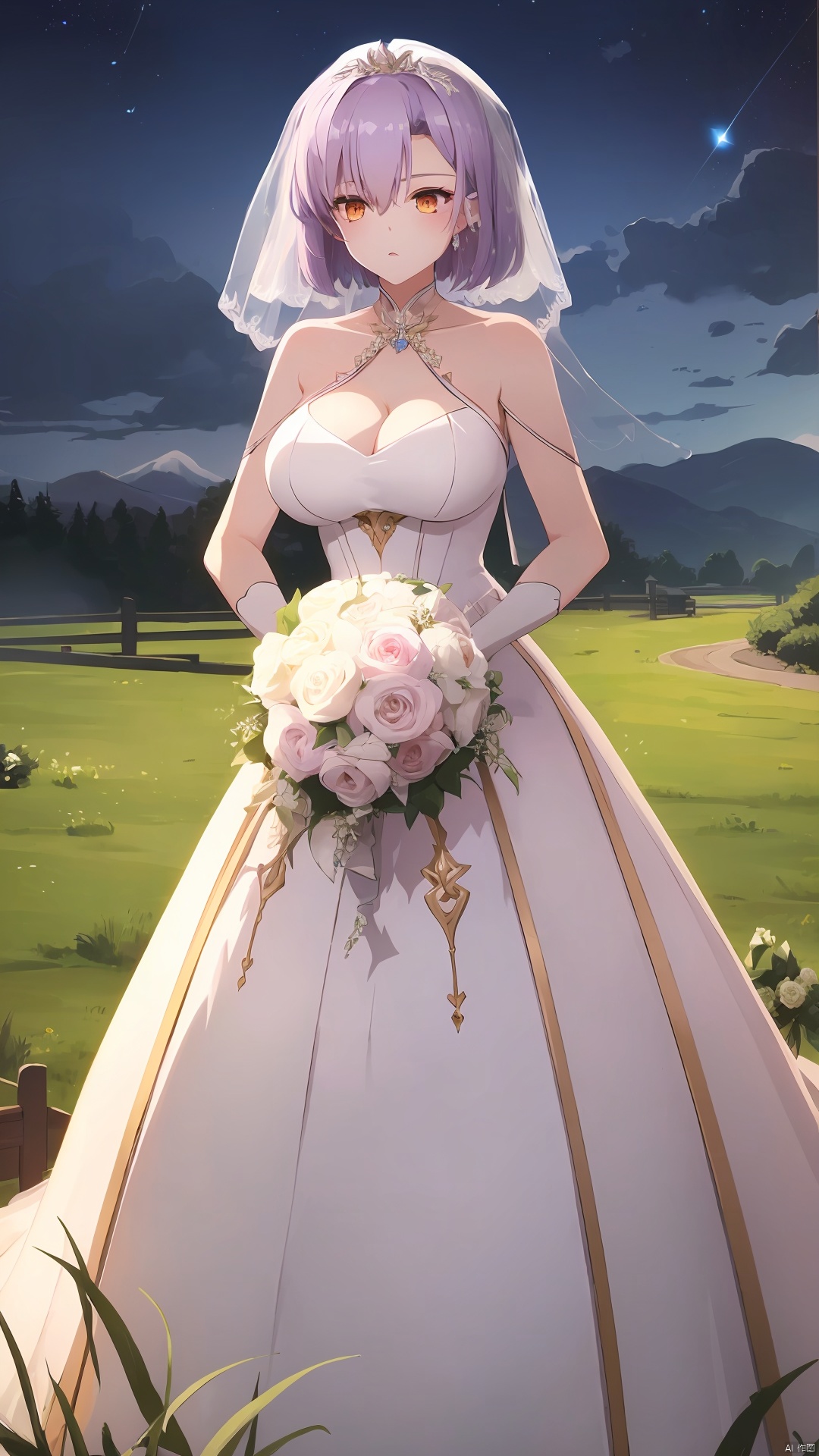 **_yao_wu, 1girl, solo, purple hair, short hair, bangs, orange eyes, large breasts, (wedding_dress:1.5), 

days, cloudy, stars, in a meadow, the top of the hill,