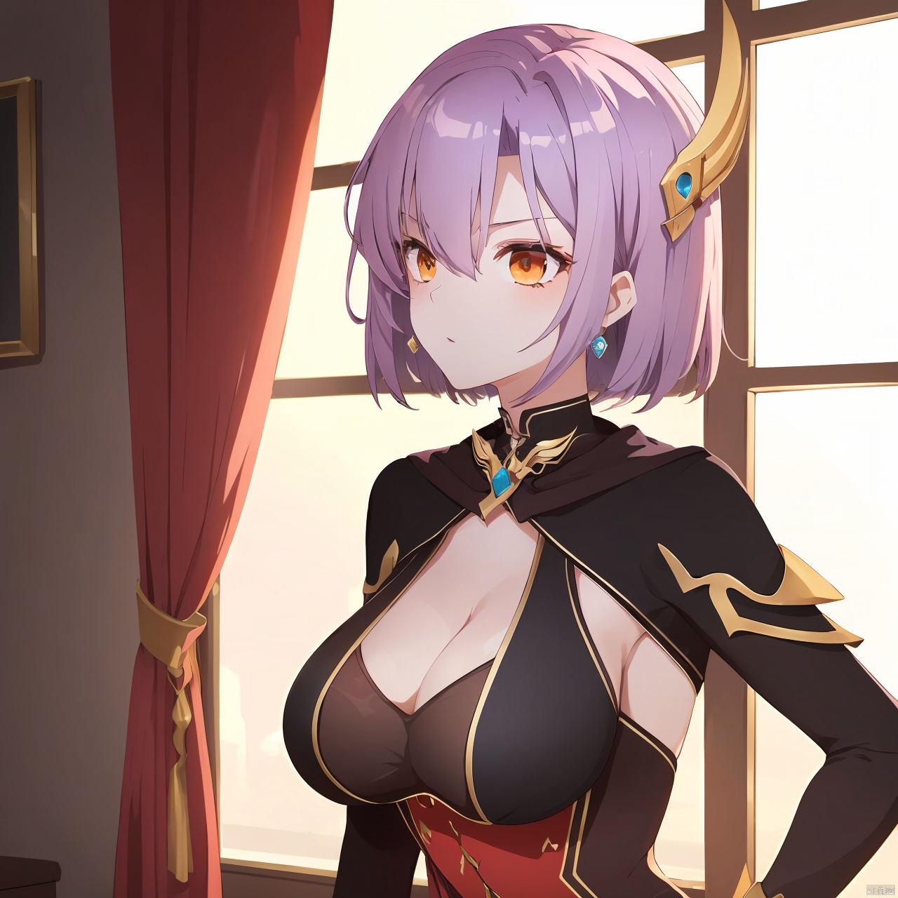  **_yao_wu, 1girl, solo, purple hair, short hair, bangs, orange eyes, large breasts, cleavage, hair ornament, red and black dress,