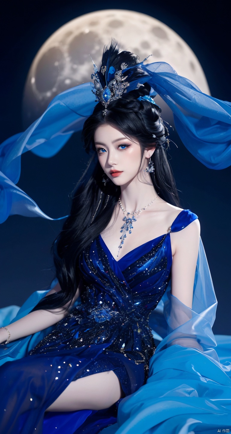  kongque,a woman dressed in a costume sitting on a bed with a moon behind her and a blue background with a white curtain,1girl,black hair,blue eyes,crescent,crescent moon,dress,eyeshadow,sitting,solo, the thick fog, the best qualities, (beautiful eyes),