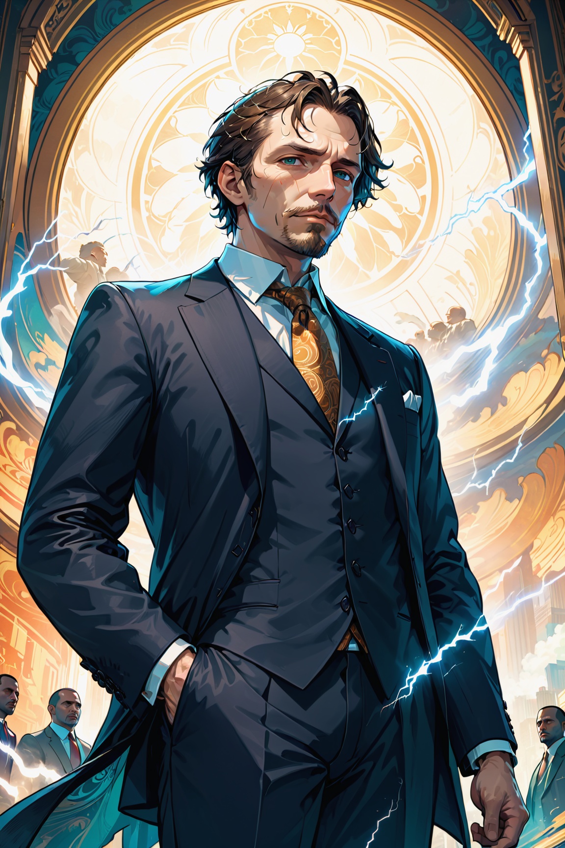 A fantastic painting of a man in a suit,  by Greg Rutkowski and Alphonse Mucha. Trending on Artstation,  8k HD wallpaperj...
