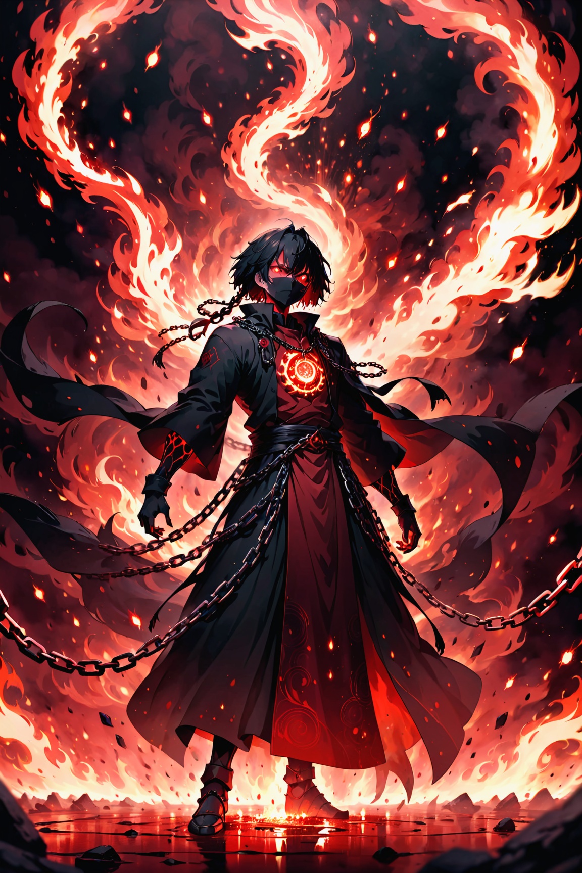 A striking anime character,  shrouded in shadows and poised for battle,  stands against a deep crimson background adorned...